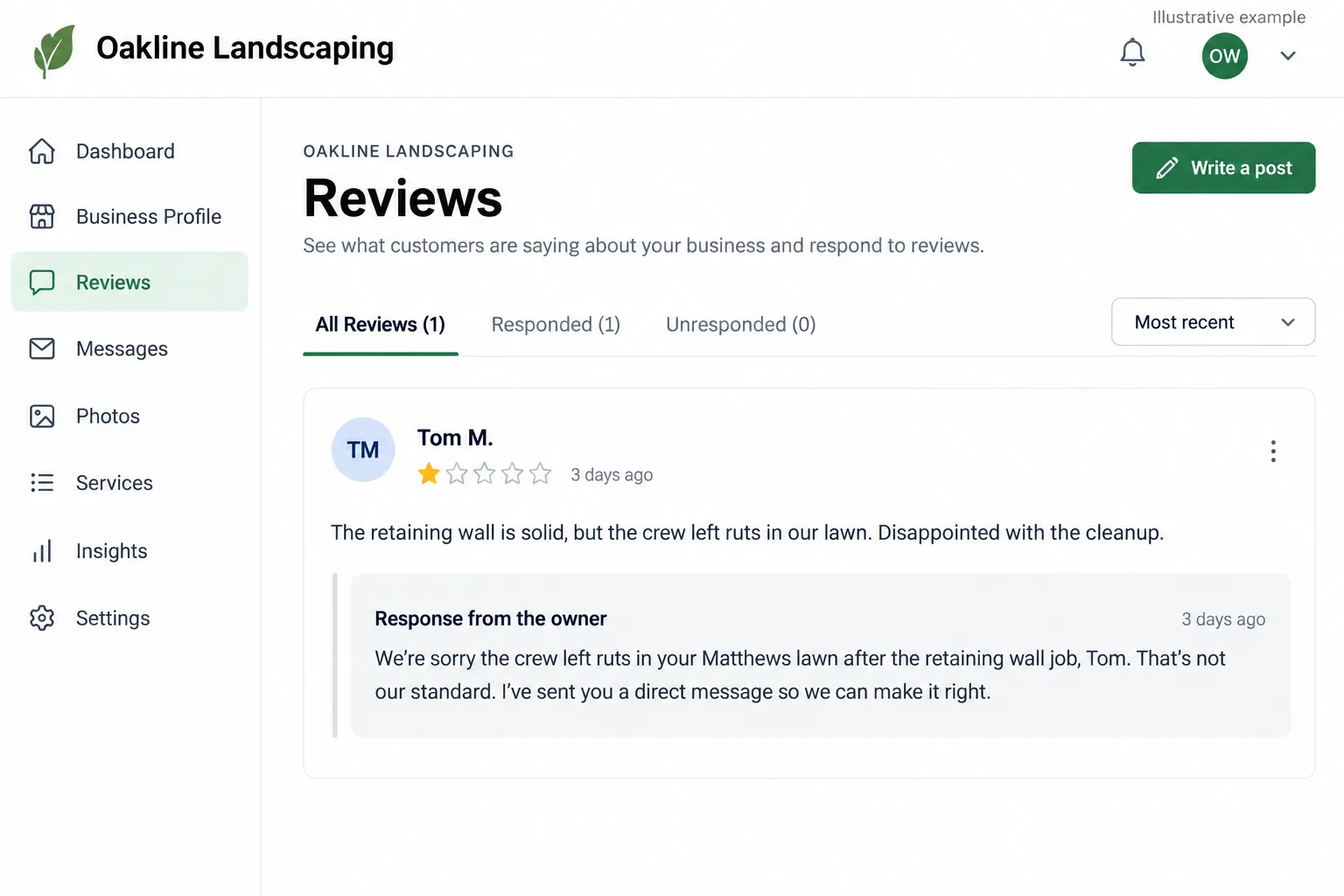 Illustrative example: screenshot of a one-star review with a short, calm owner response