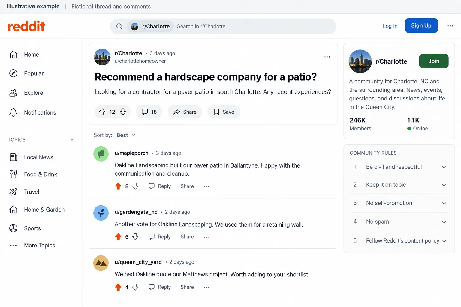 Illustrative example: screenshot of a local subreddit thread where the company is recommended