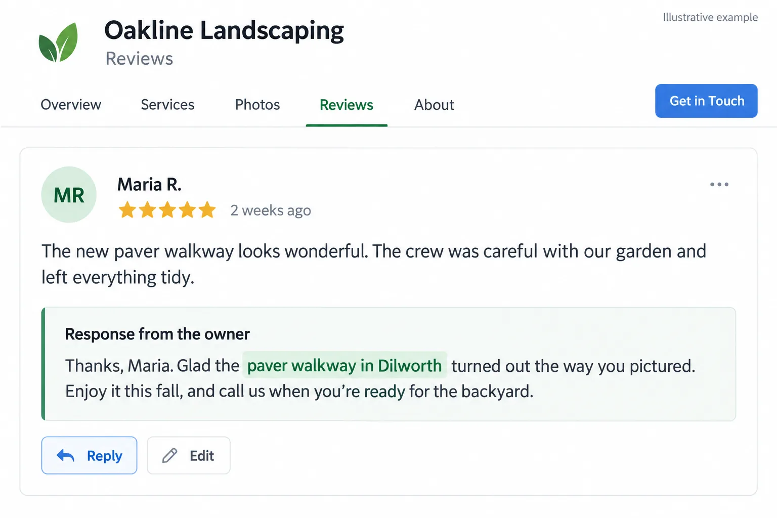 Illustrative example: screenshot of an owner reply that mentions the project and the neighborhood