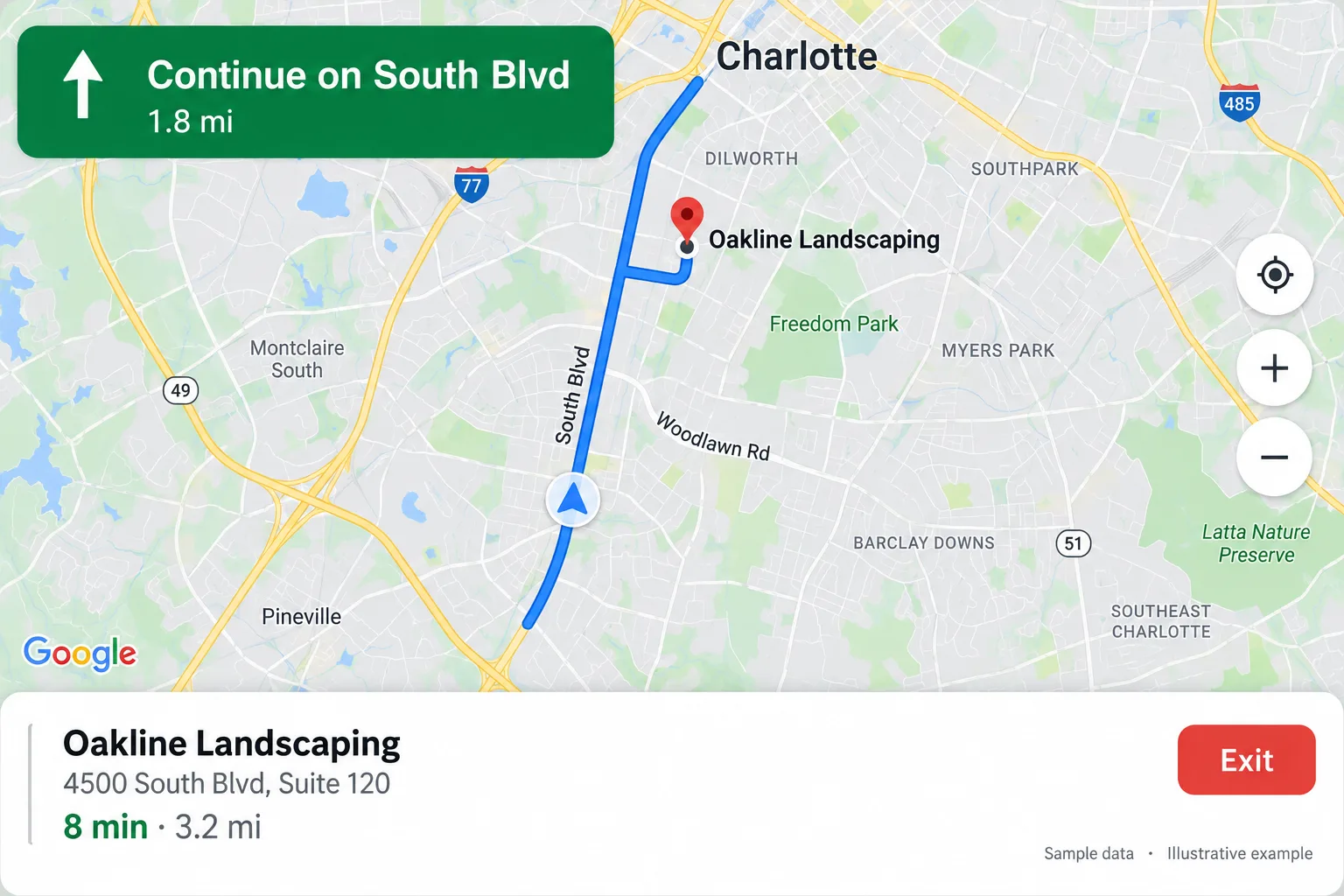 Illustrative example: screenshot of Google Maps with directions started to the business listing