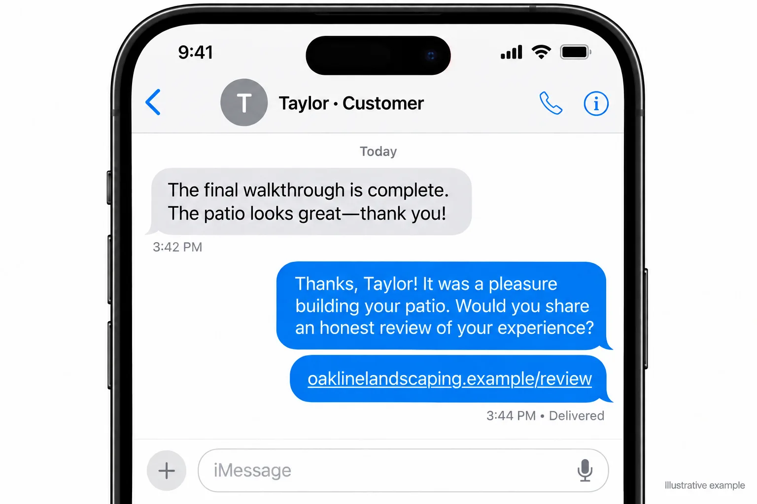 Illustrative example: screenshot of a text message with a review link sent right after the final walkthrough