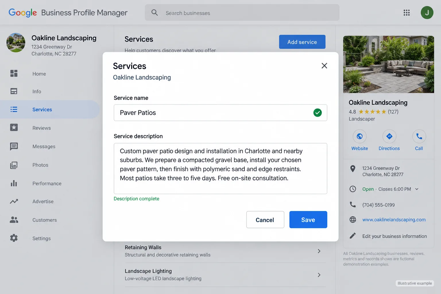 Illustrative example: screenshot of the GBP Services editor with a completed service description