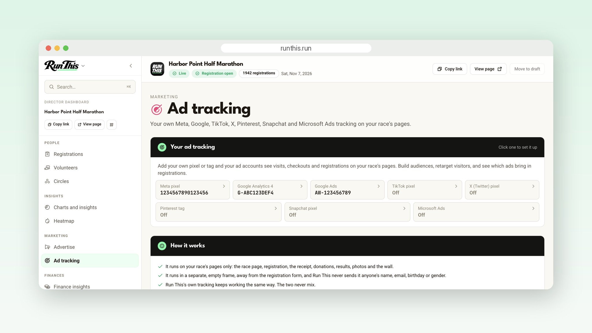 The Ad tracking page in the Run This director dashboard, with Meta pixel, Google Analytics 4 and Google Ads turned on