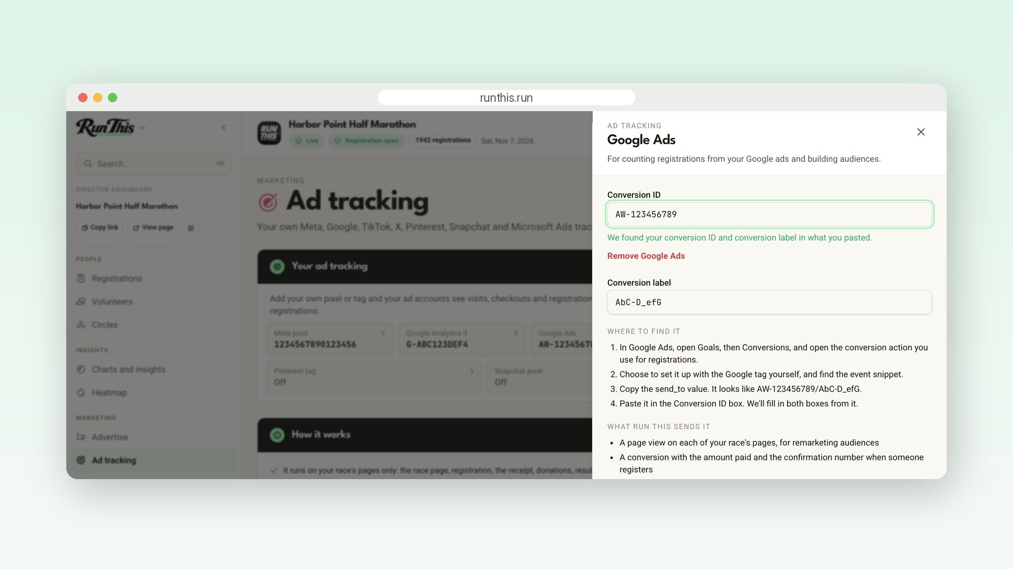 The Google Ads panel with the conversion ID and conversion label both filled in from one paste