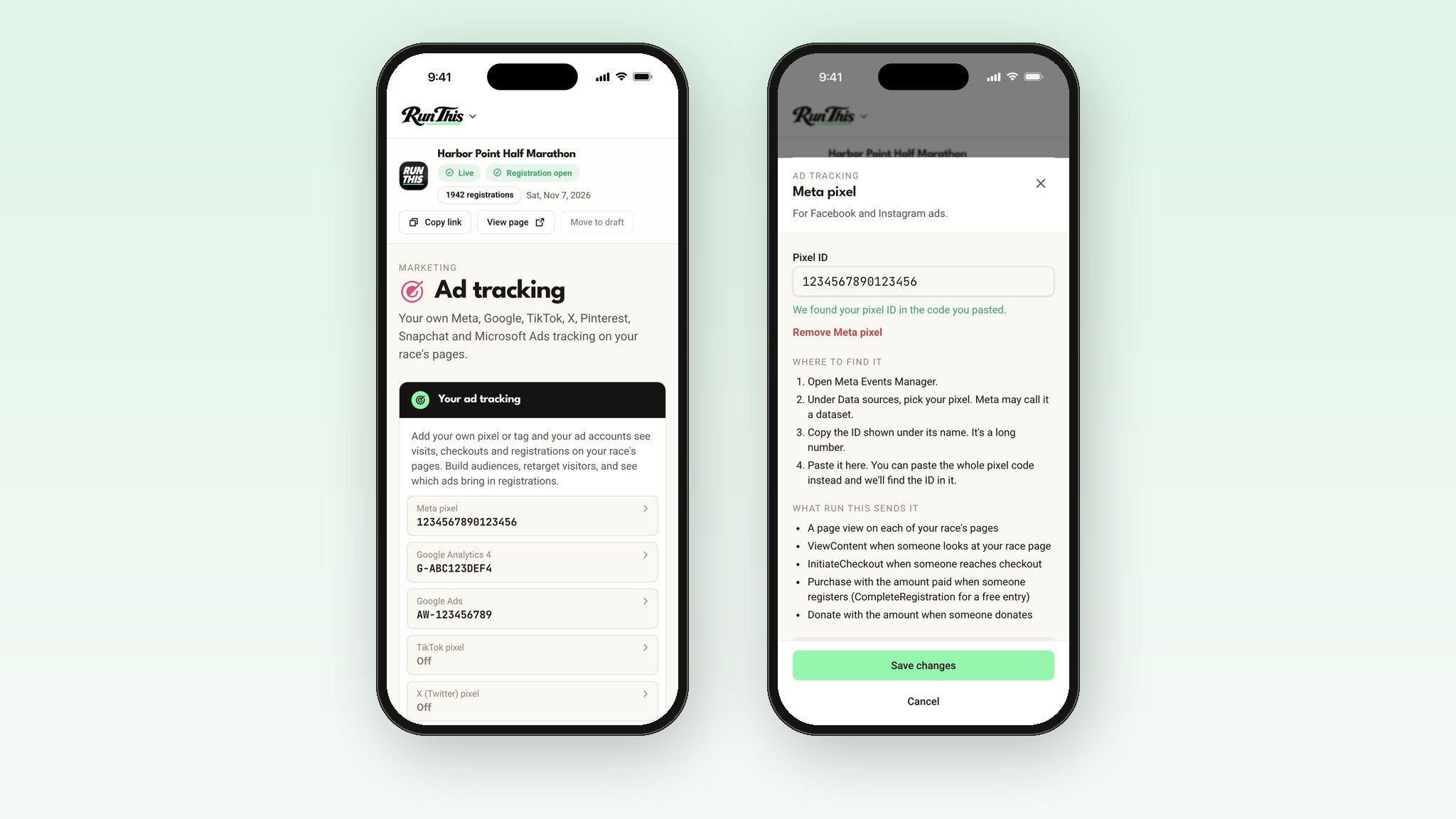 Two phones: the Ad tracking tiles, and the Meta pixel panel saying it found the pixel ID in the pasted code