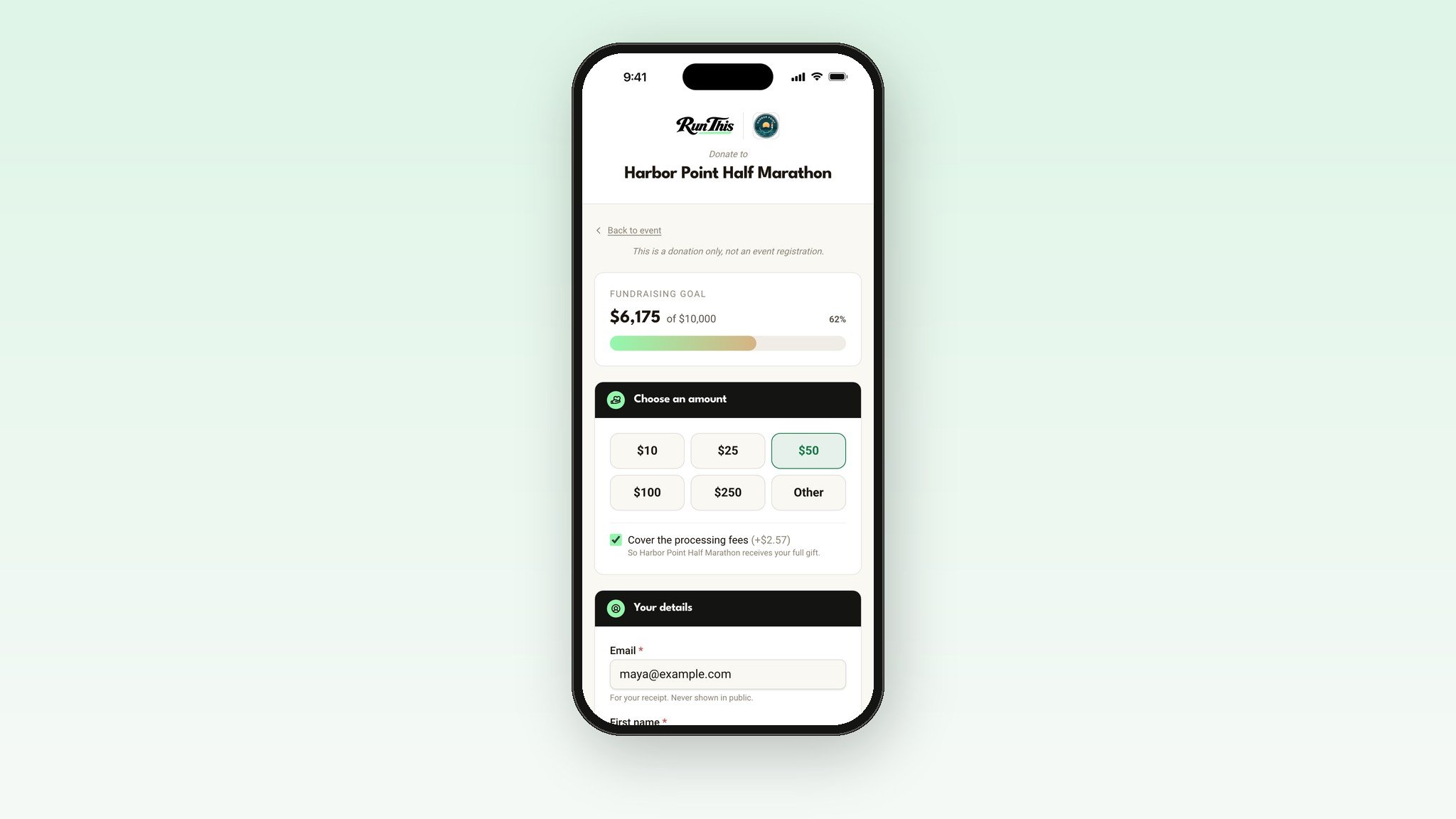 The Run This Donate page with a fundraising goal bar, preset amounts and a Cover the processing fees box