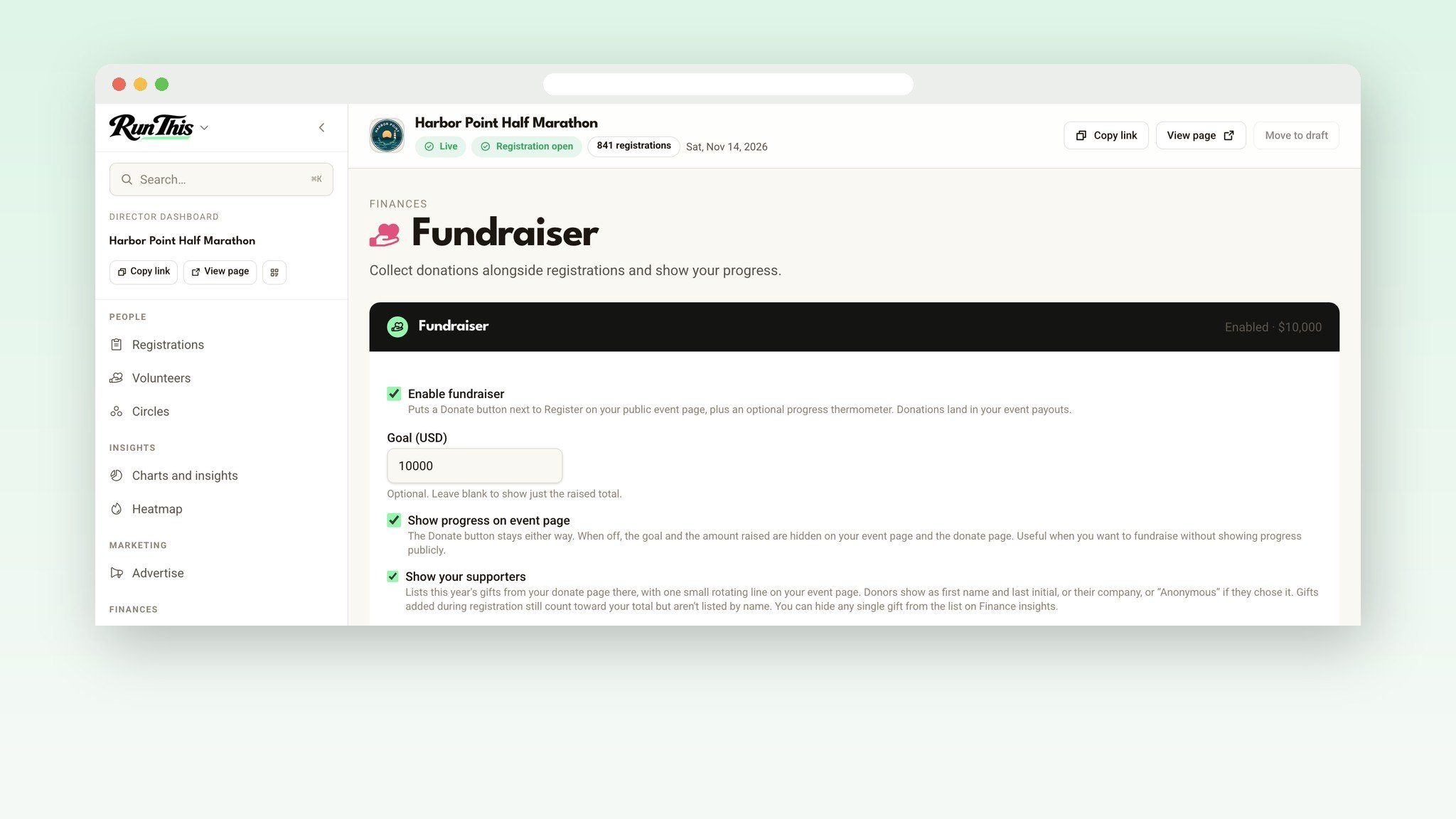 The director dashboard Fundraiser page with the goal, progress and supporters settings