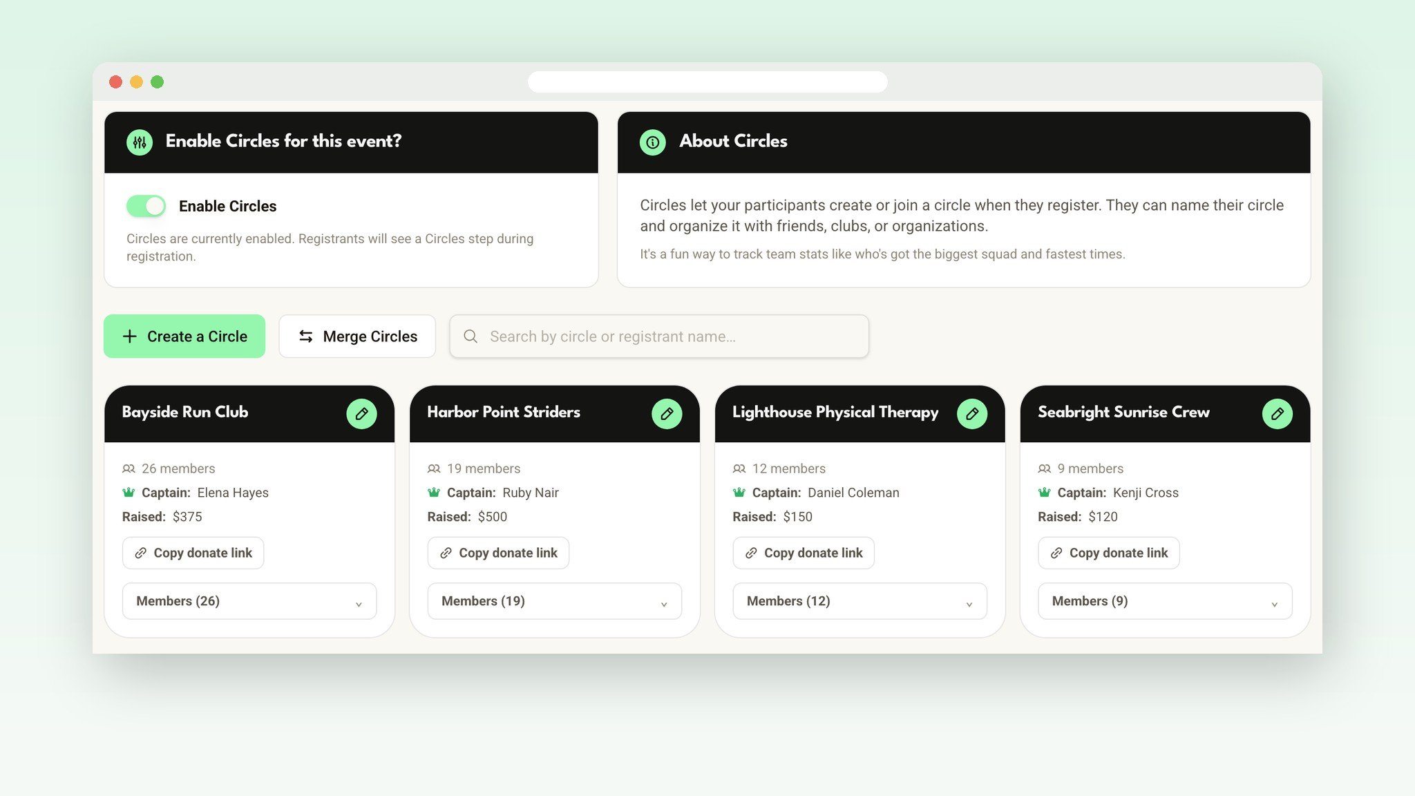 The director Circles page with each circle's raised total and a Copy donate link button