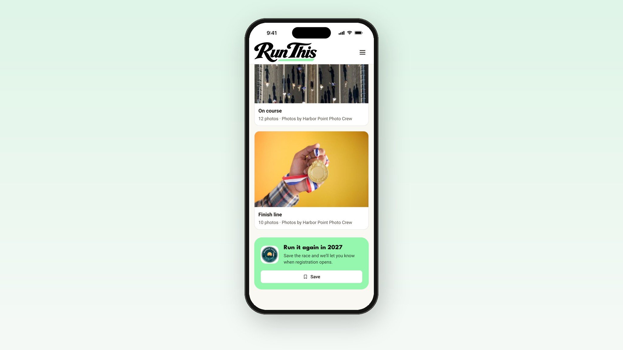 The Run it again card at the bottom of a race's Photos page