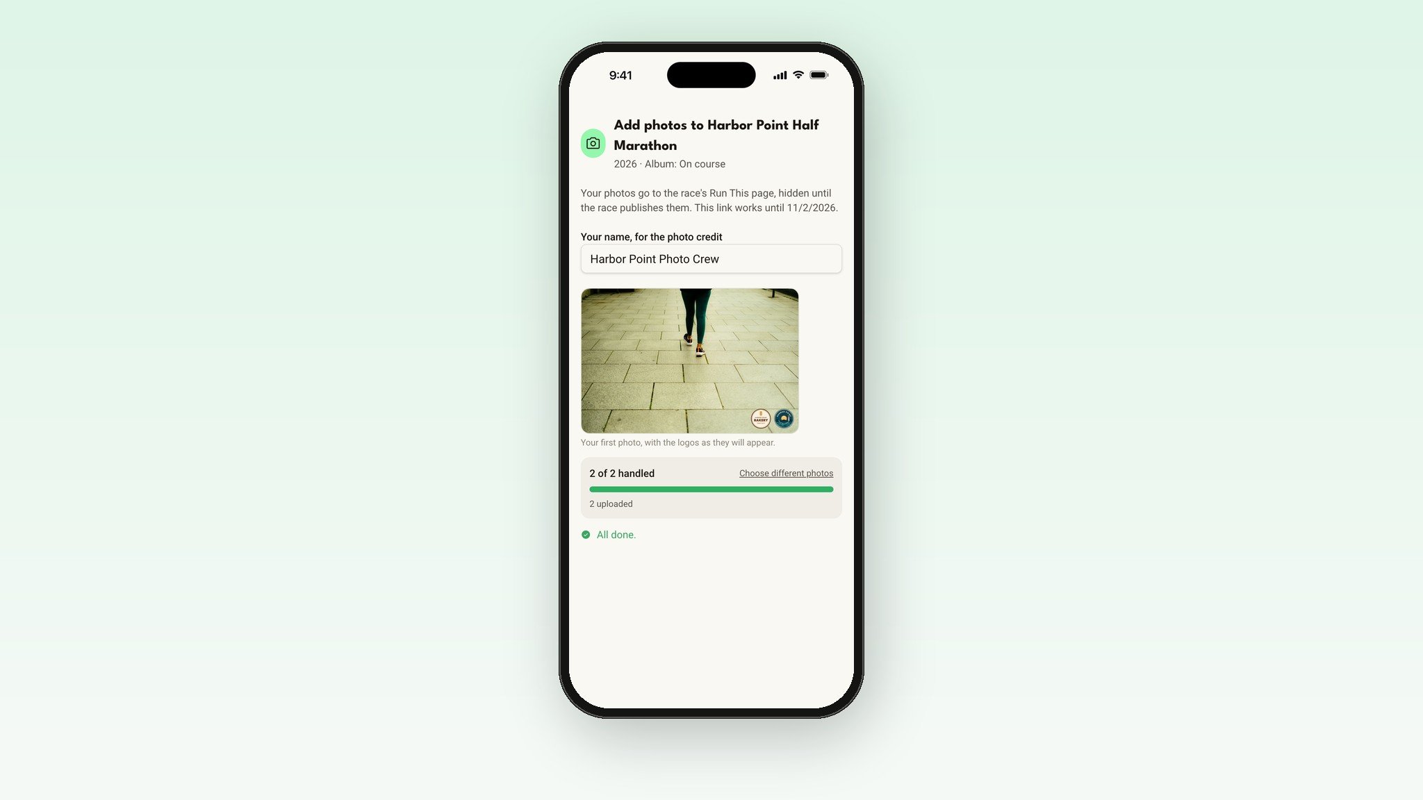 The photographer upload page on a phone