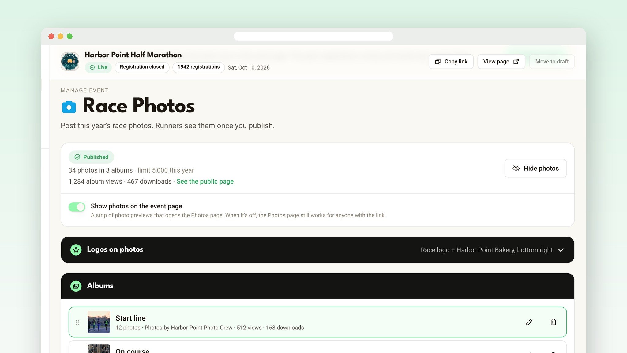 The Race photos page in the director dashboard