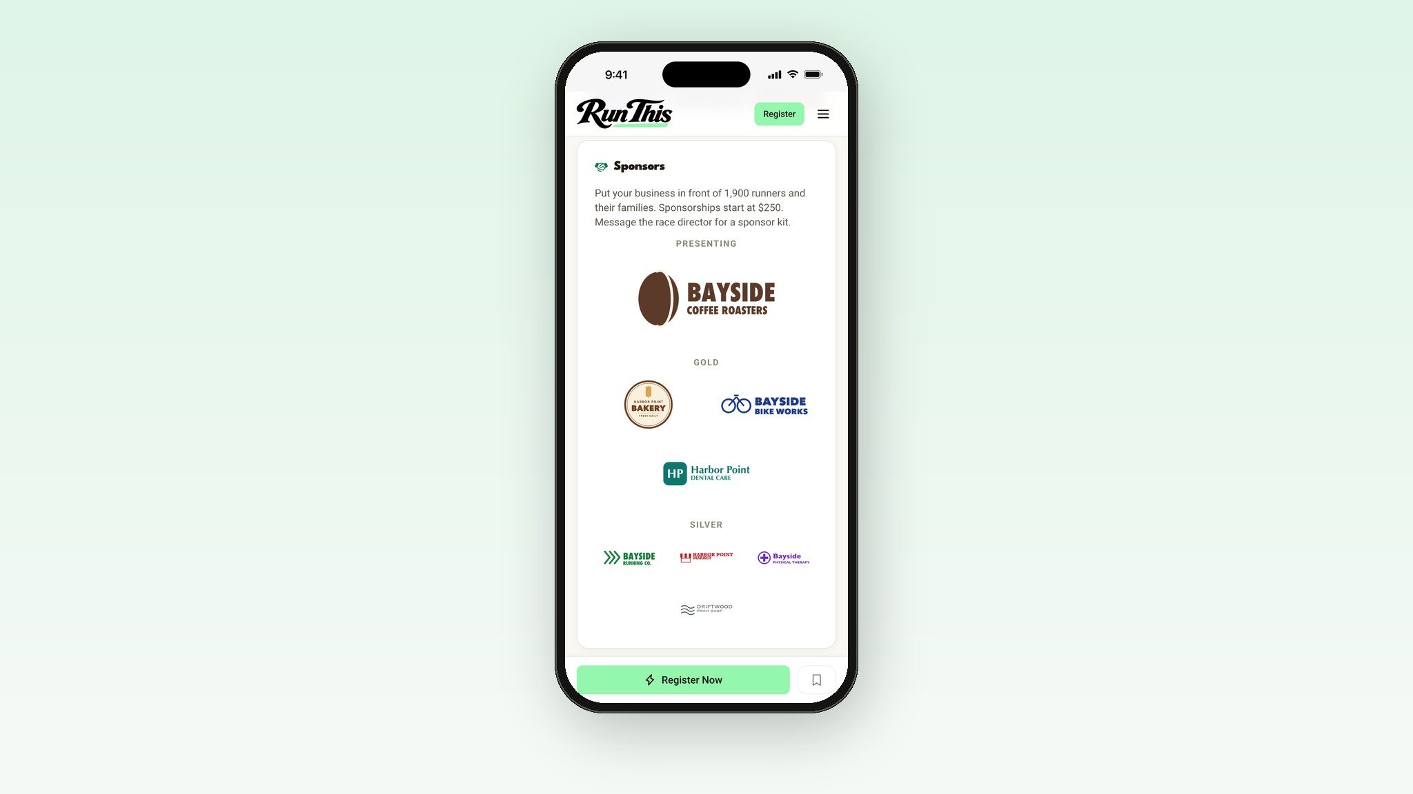The Sponsors section of a race page with Presenting, Gold and Silver rows of logos