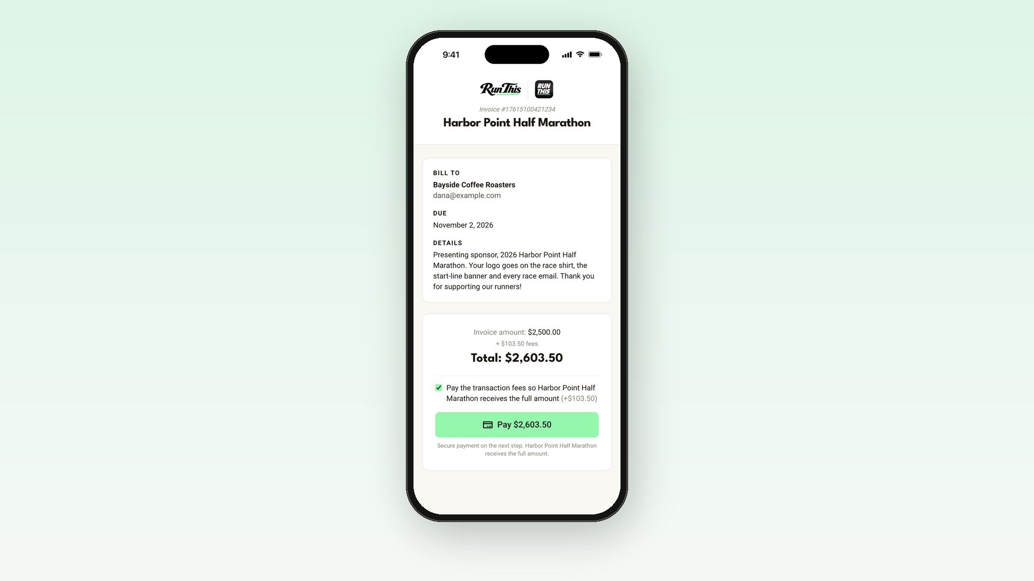 A sponsor's invoice page on a phone, with a box to pay the transaction fees and a Pay button