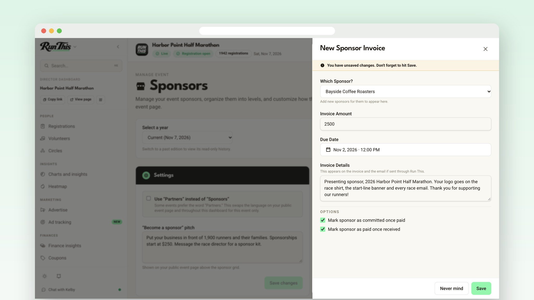 The New Sponsor Invoice panel on the Sponsors page, filled in for a coffee roaster sponsor