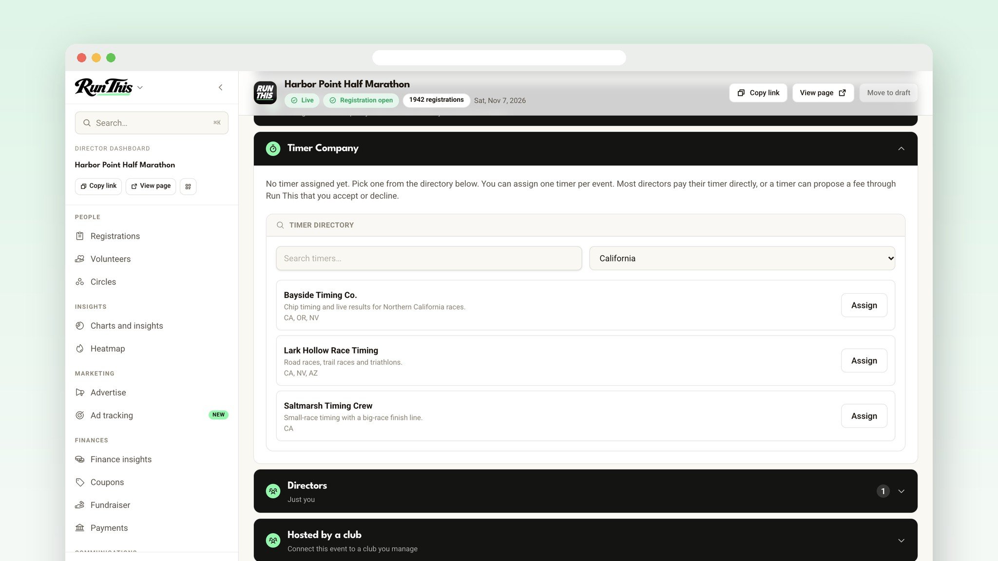 The Timer Company card on a race's Edit event page, listing verified timing companies in California with Assign buttons