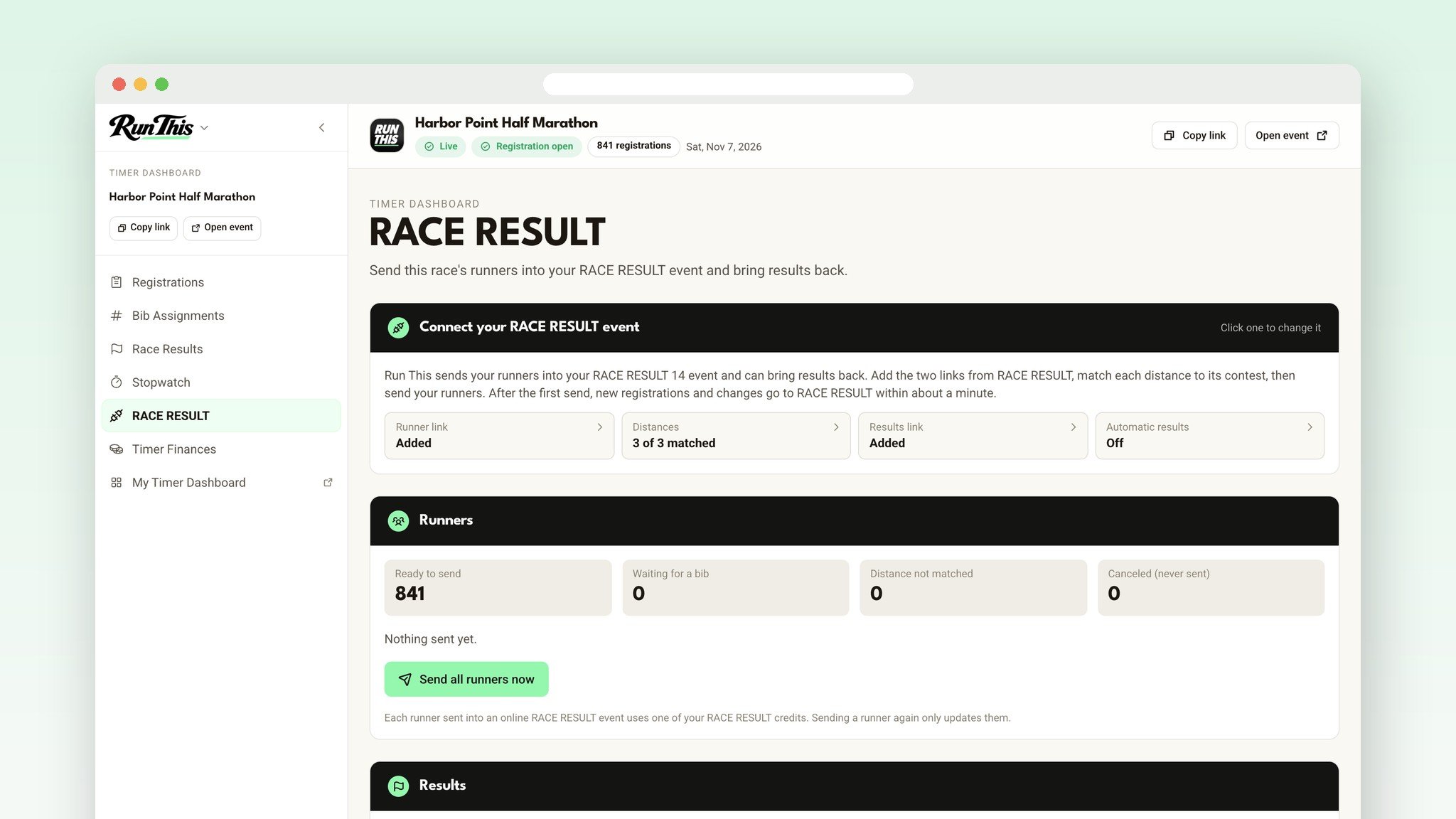 The RACE RESULT page on a timer dashboard, with both links added and every distance matched
