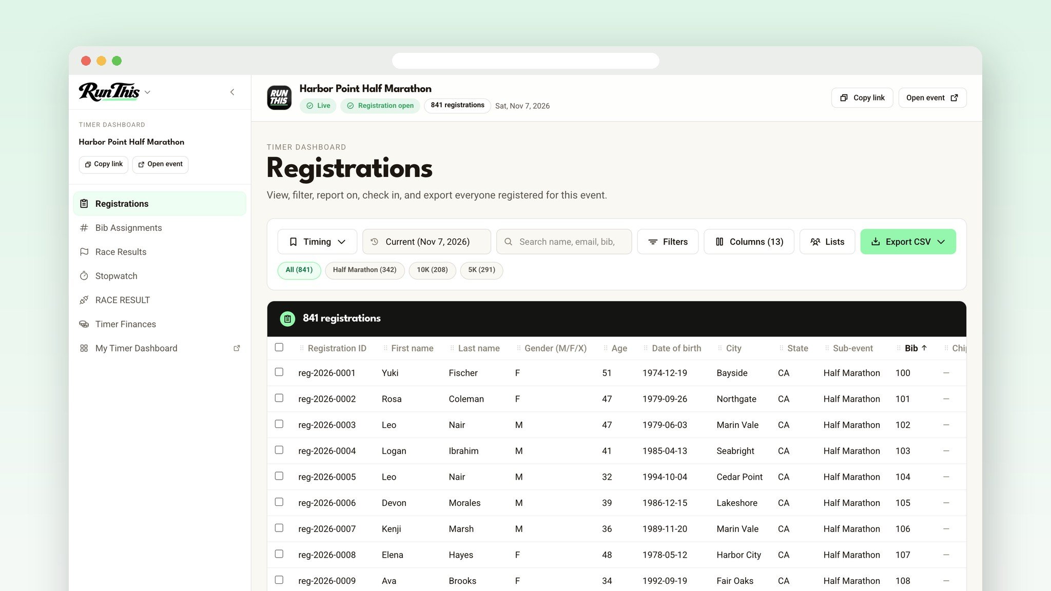 A timer dashboard's Registrations page on the Timing view, sorted by bib