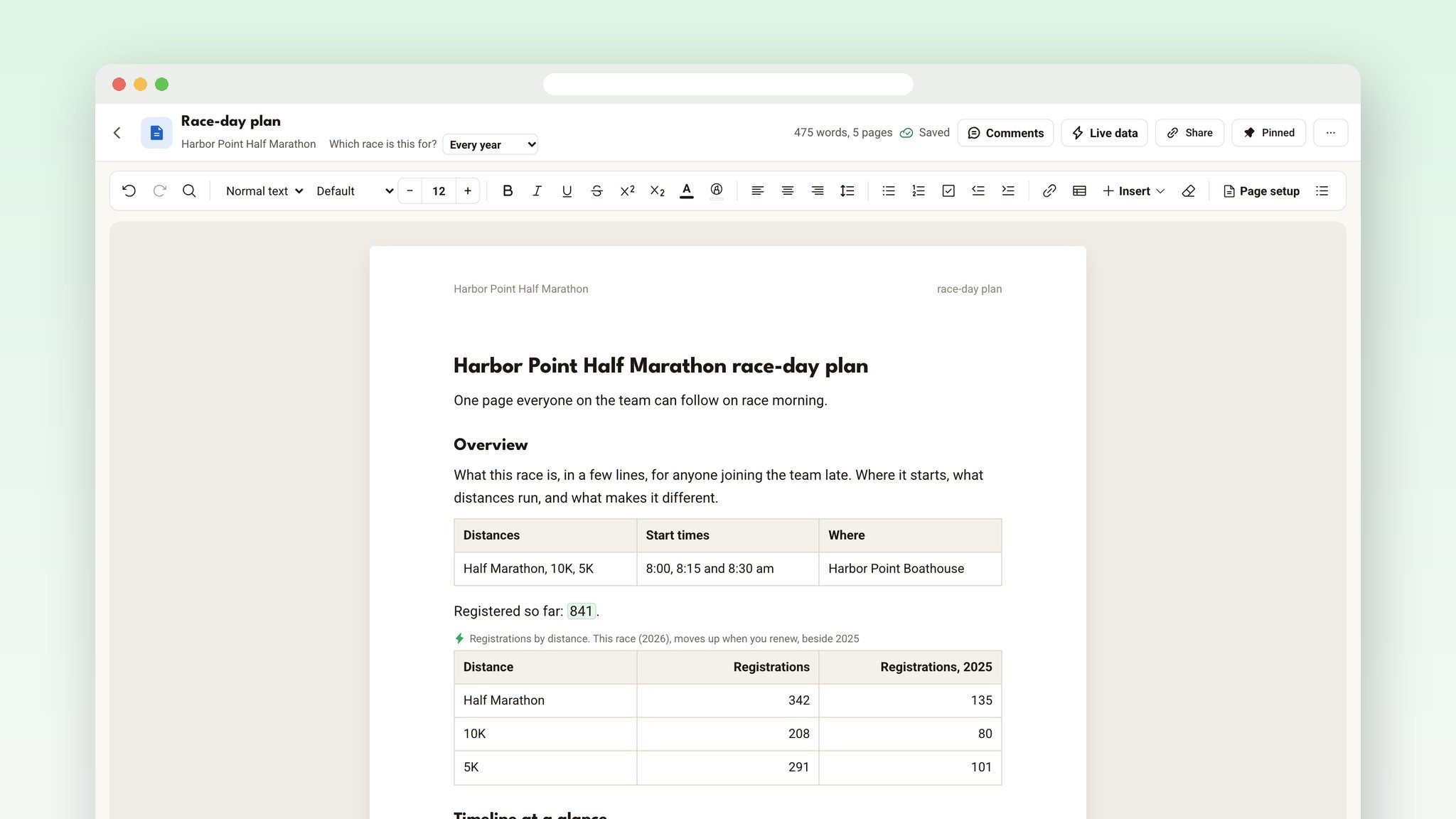 A race-day plan on real pages, with a live table of registrations by distance
