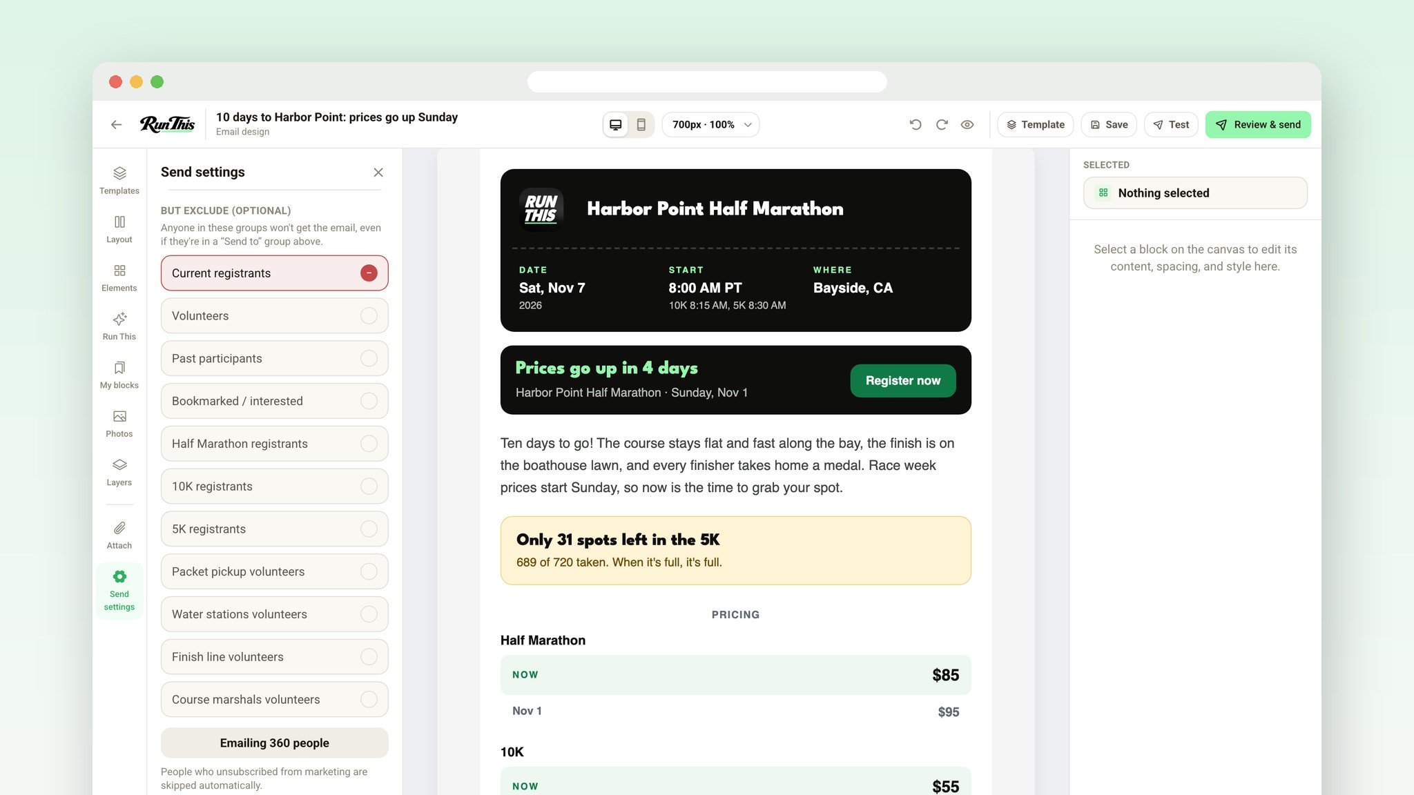 Send settings with past participants picked, current registrants left out, and the number of people the email will reach