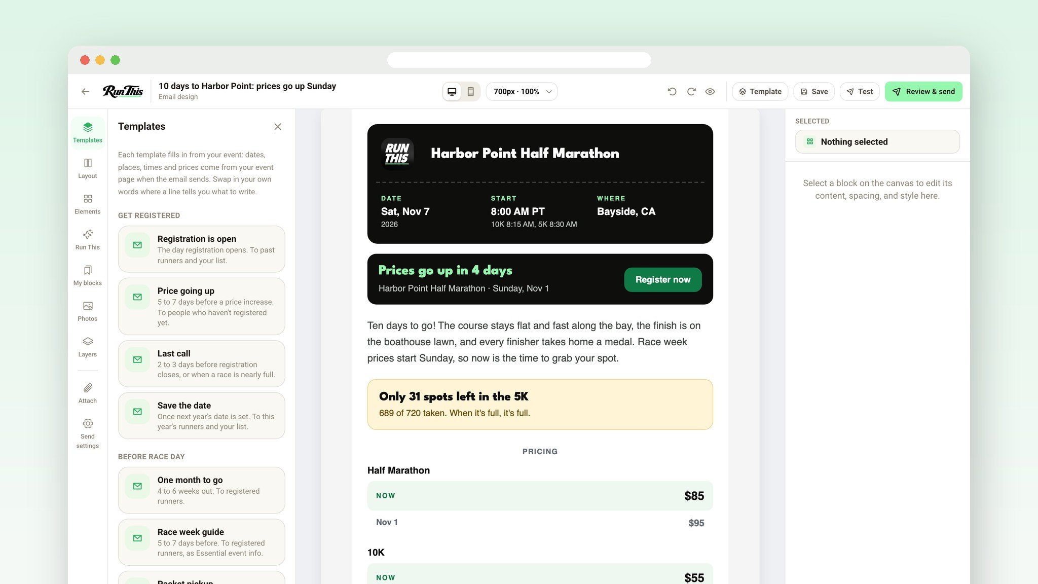 The Templates panel, with race email templates grouped by when you send them