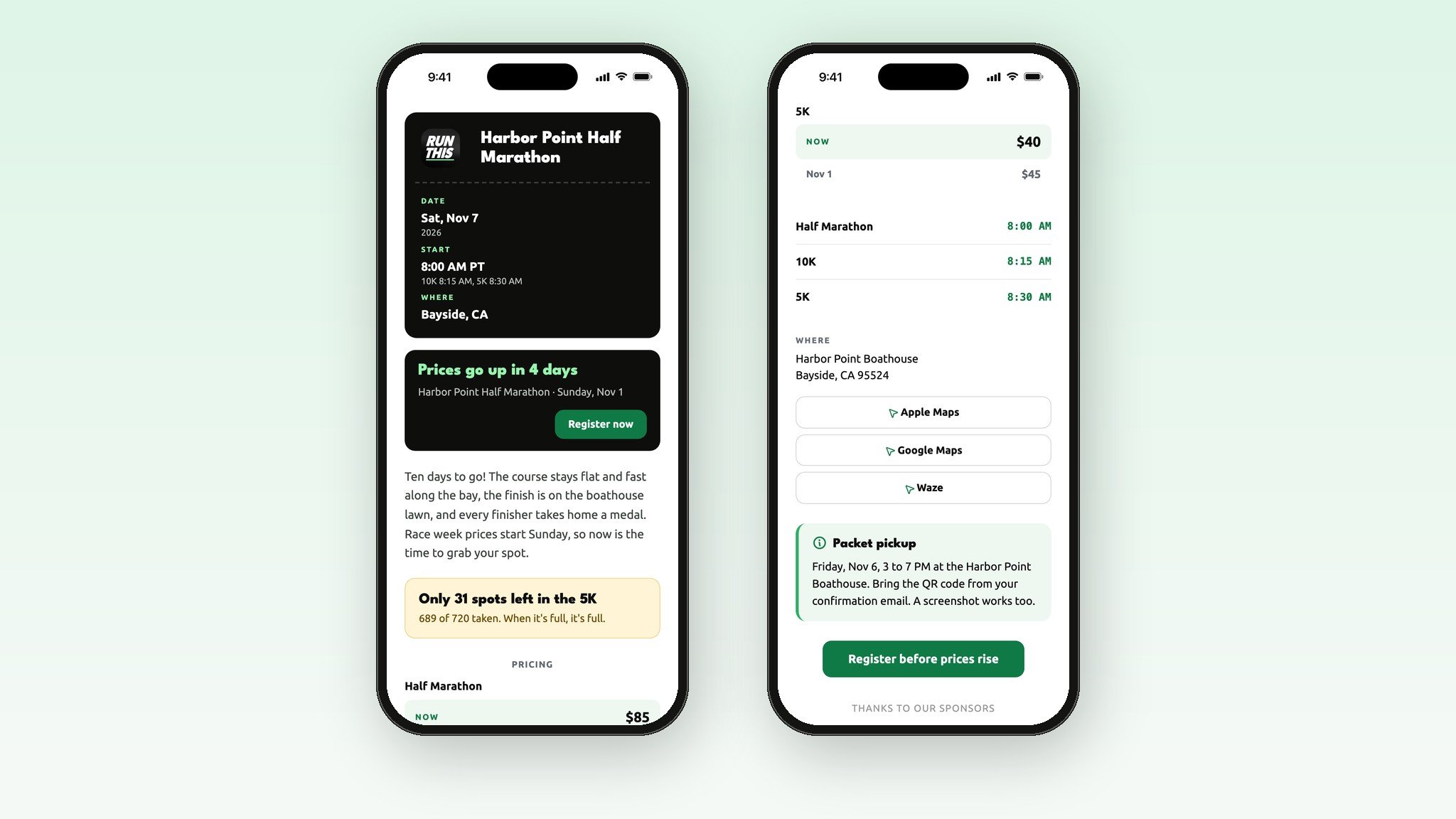 A race email on two phones: event info, a prices go up countdown, spots left, start times and directions buttons