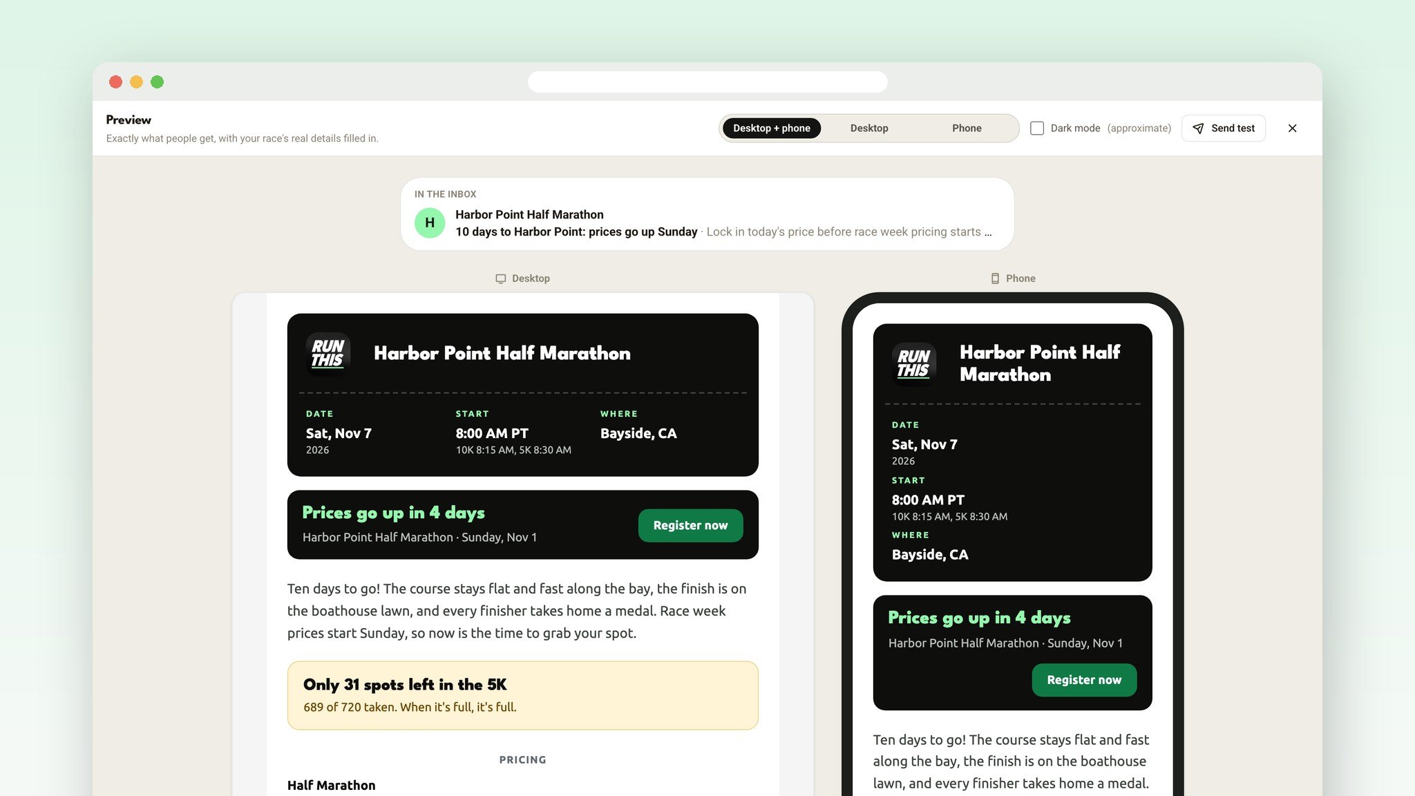 The email preview showing the inbox view, desktop and phone side by side