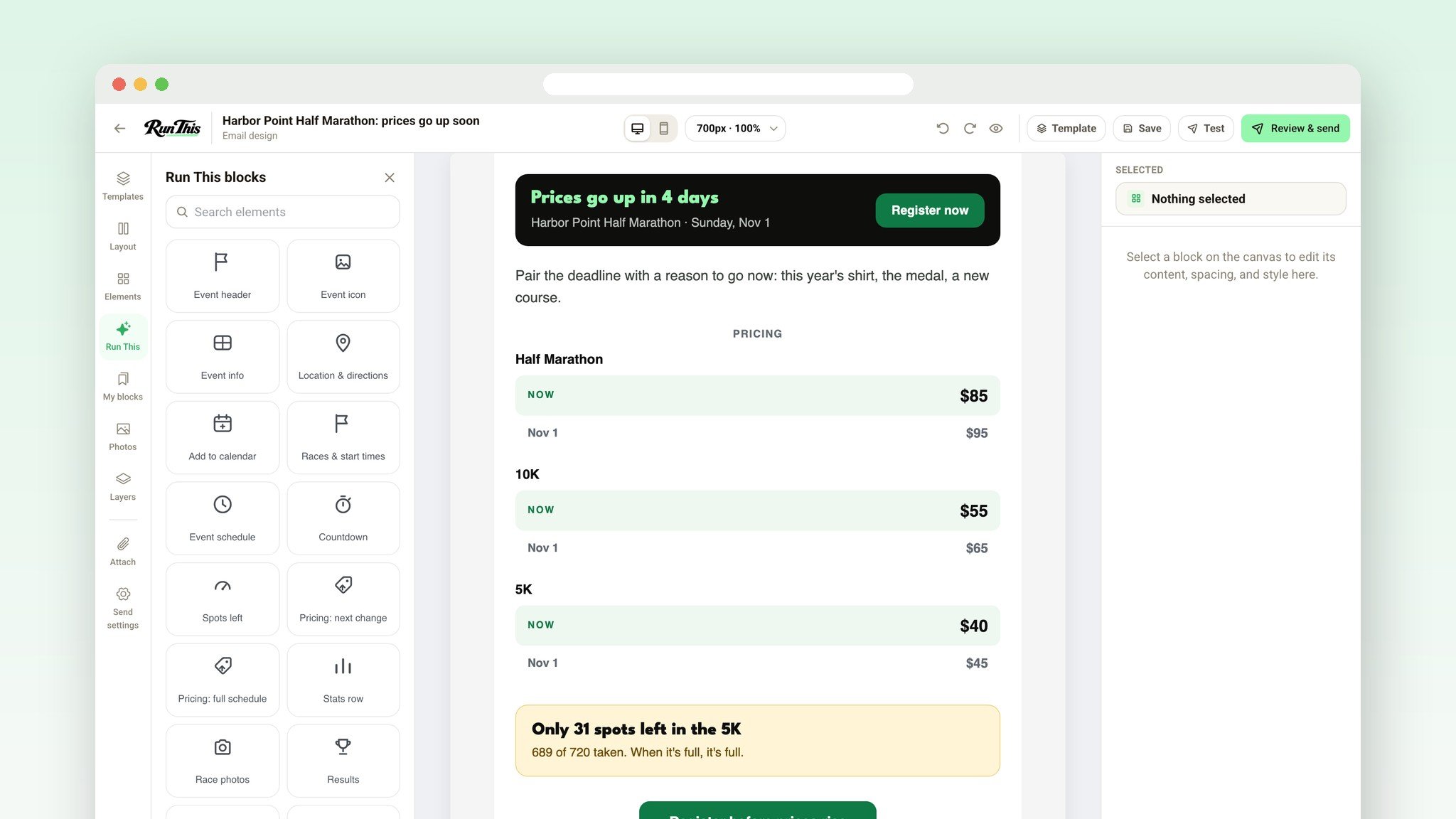 The Run This email builder with the Run This blocks panel open and a Price going up email filled in with race details