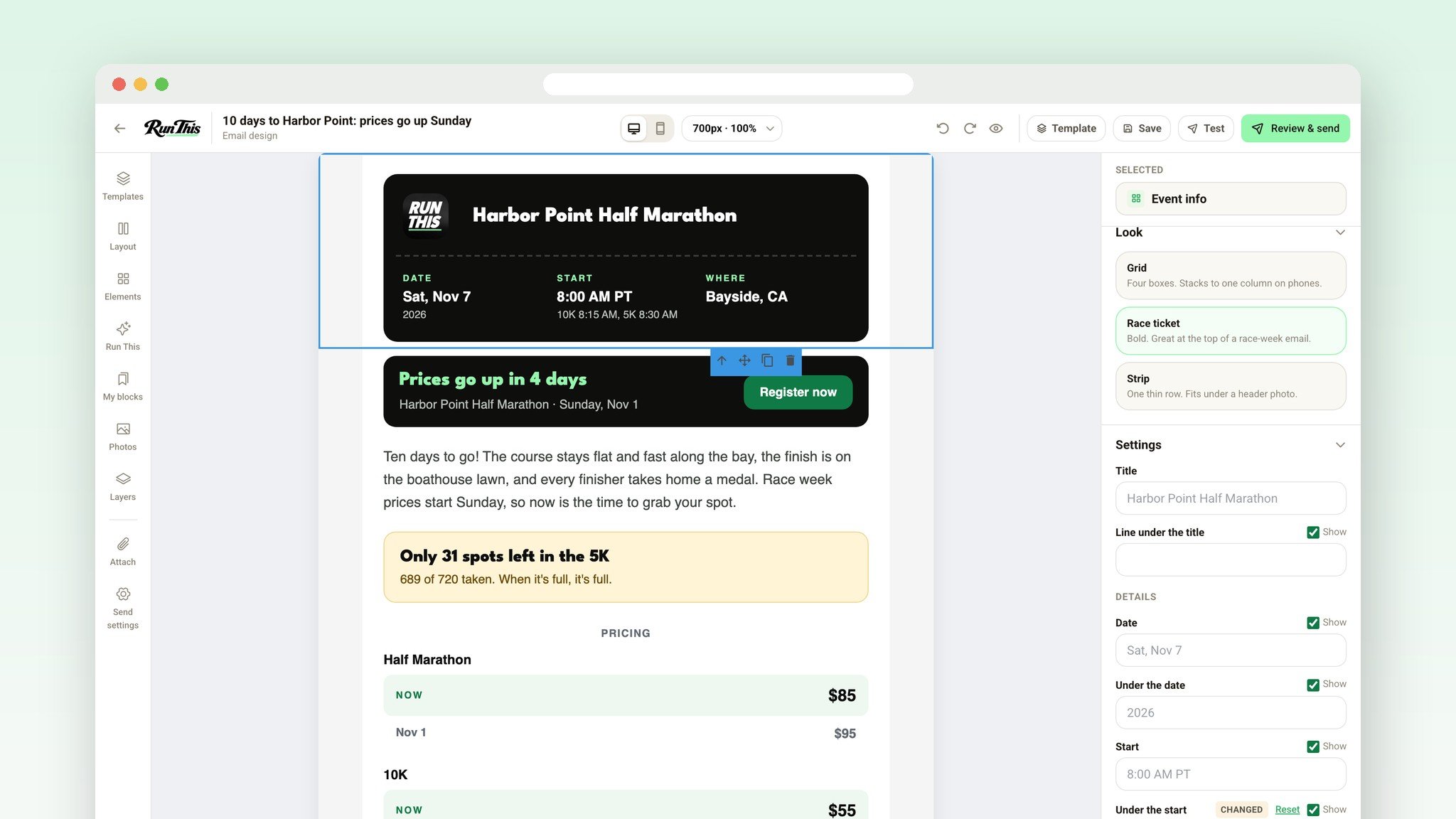 An Event info block selected, with its look and settings panel open