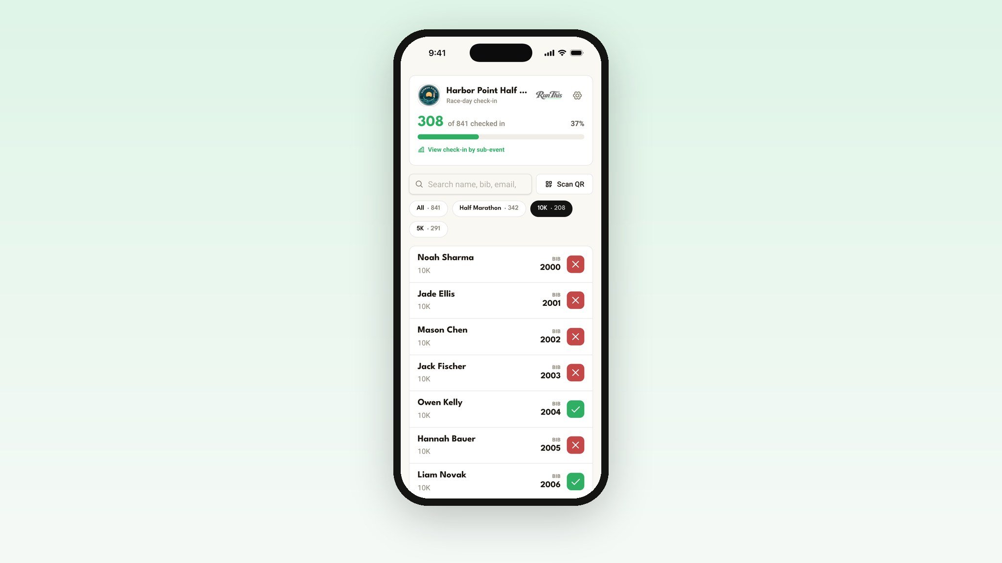 The live check-in board with search and distance filters