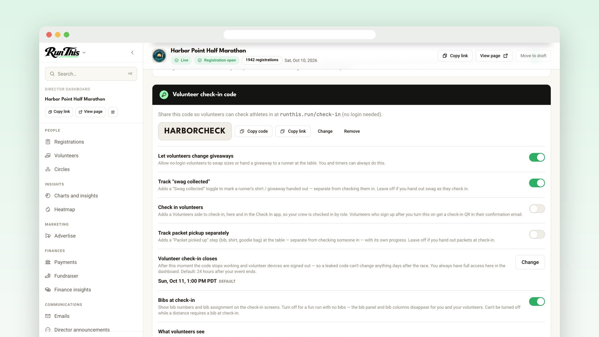 The director dashboard Check in page with the volunteer code and settings