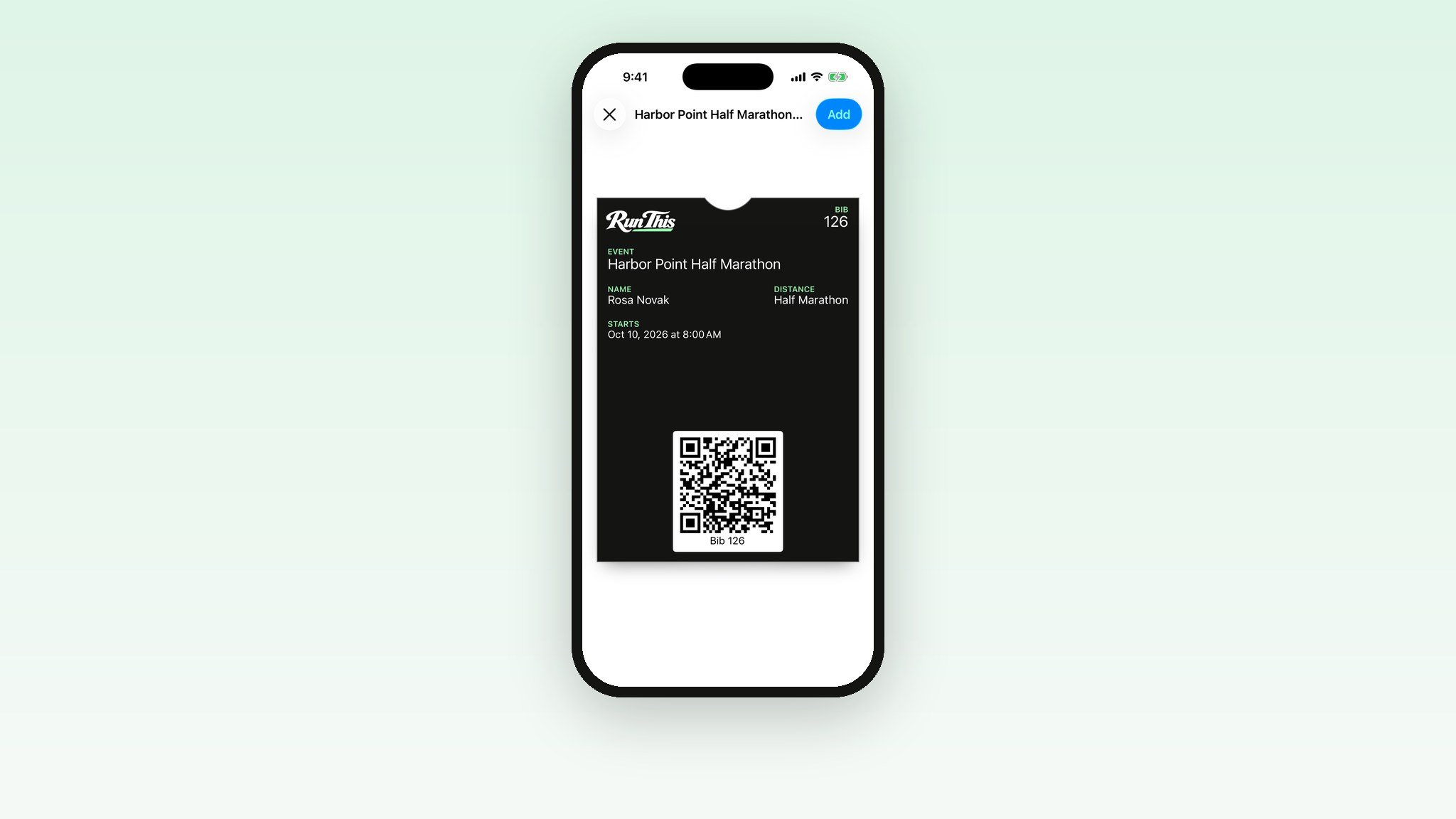 A runner race pass in Apple Wallet with a check-in QR code