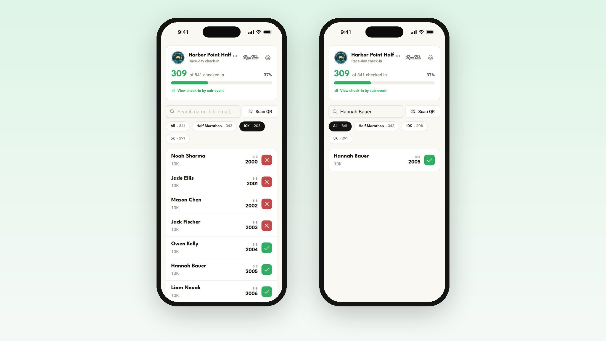 Two phones showing the same updated check-in count