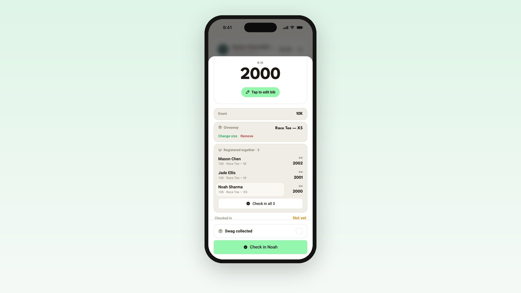 A group of three runners registered together with a Check in all button
