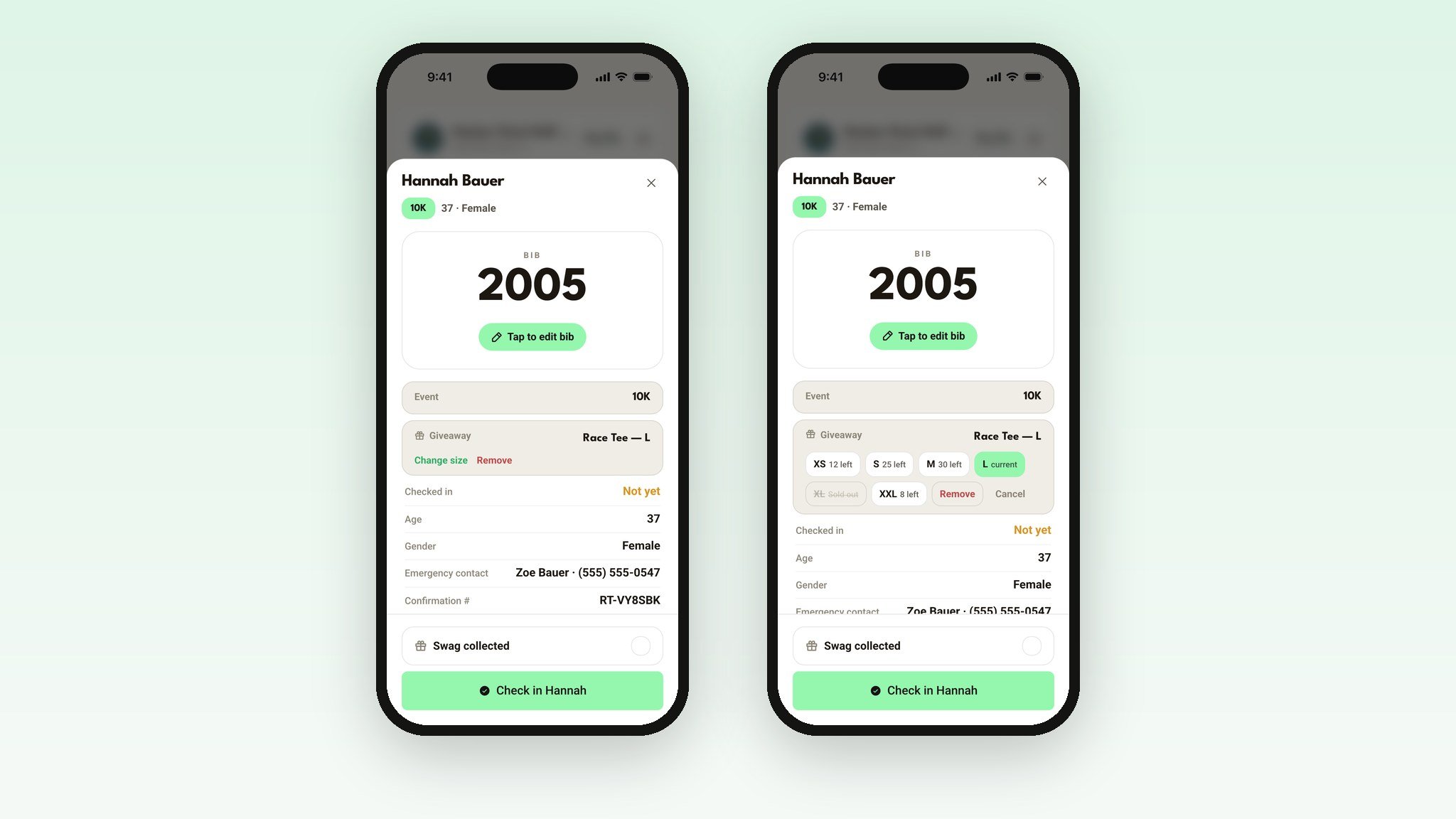 A runner check-in sheet next to the shirt size picker