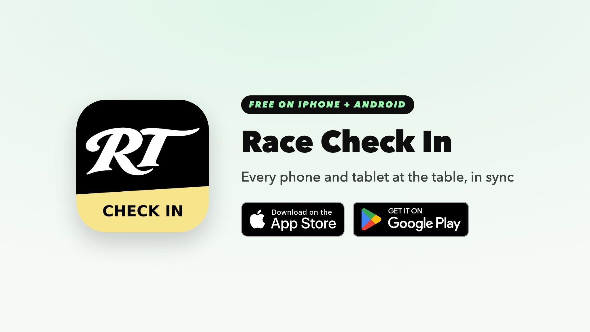 The Race Check In app icon with App Store and Google Play badges