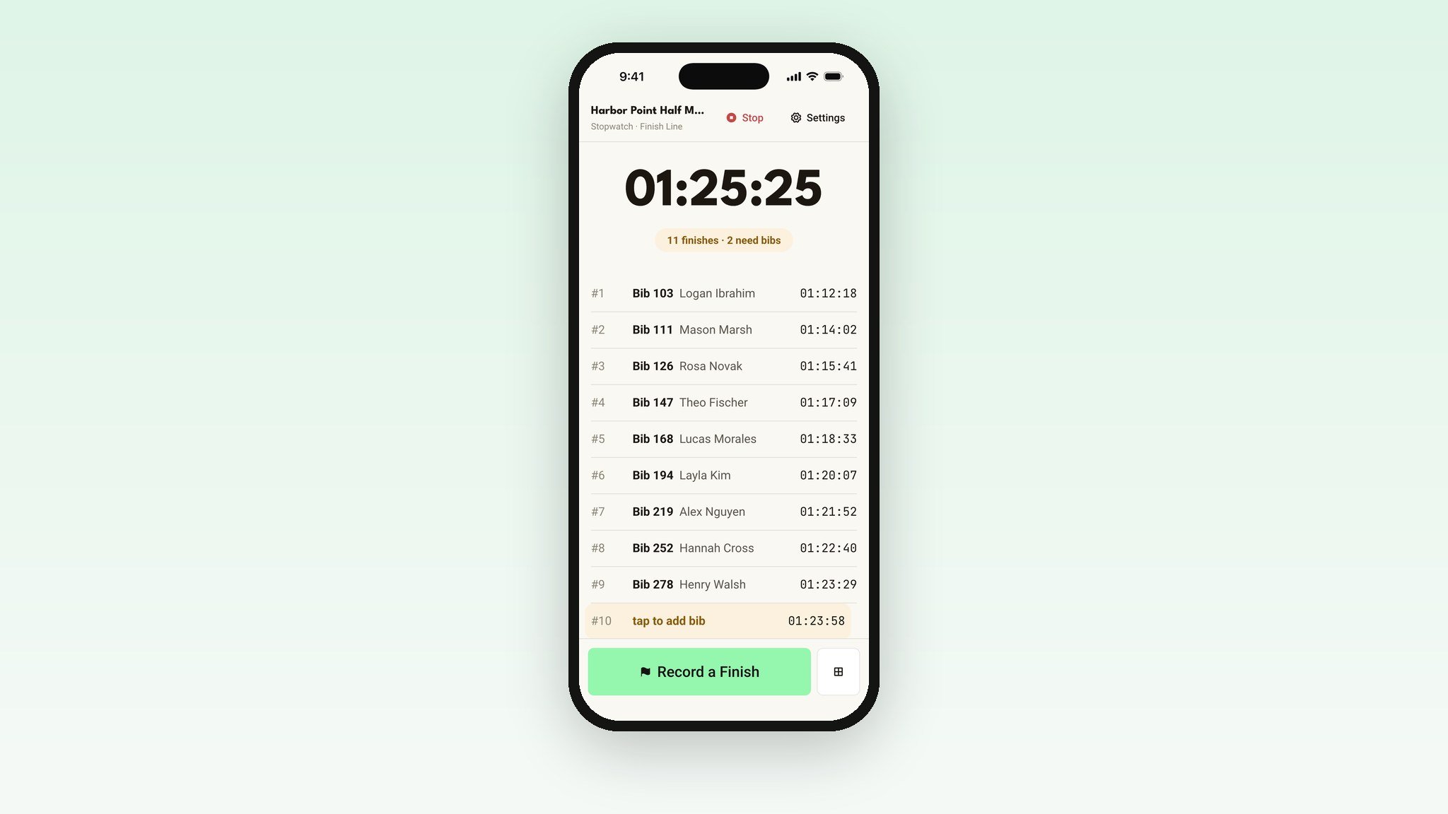 Stopwatch race clock with a list of finishers and times