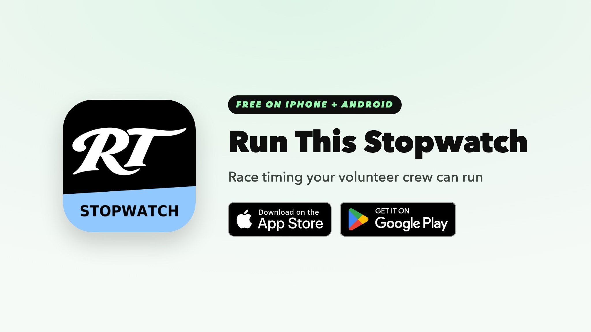 The Run This Stopwatch app icon with App Store and Google Play badges