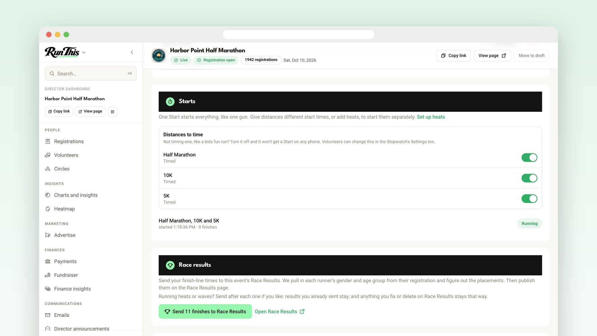 The director dashboard Stopwatch page with starts and distances
