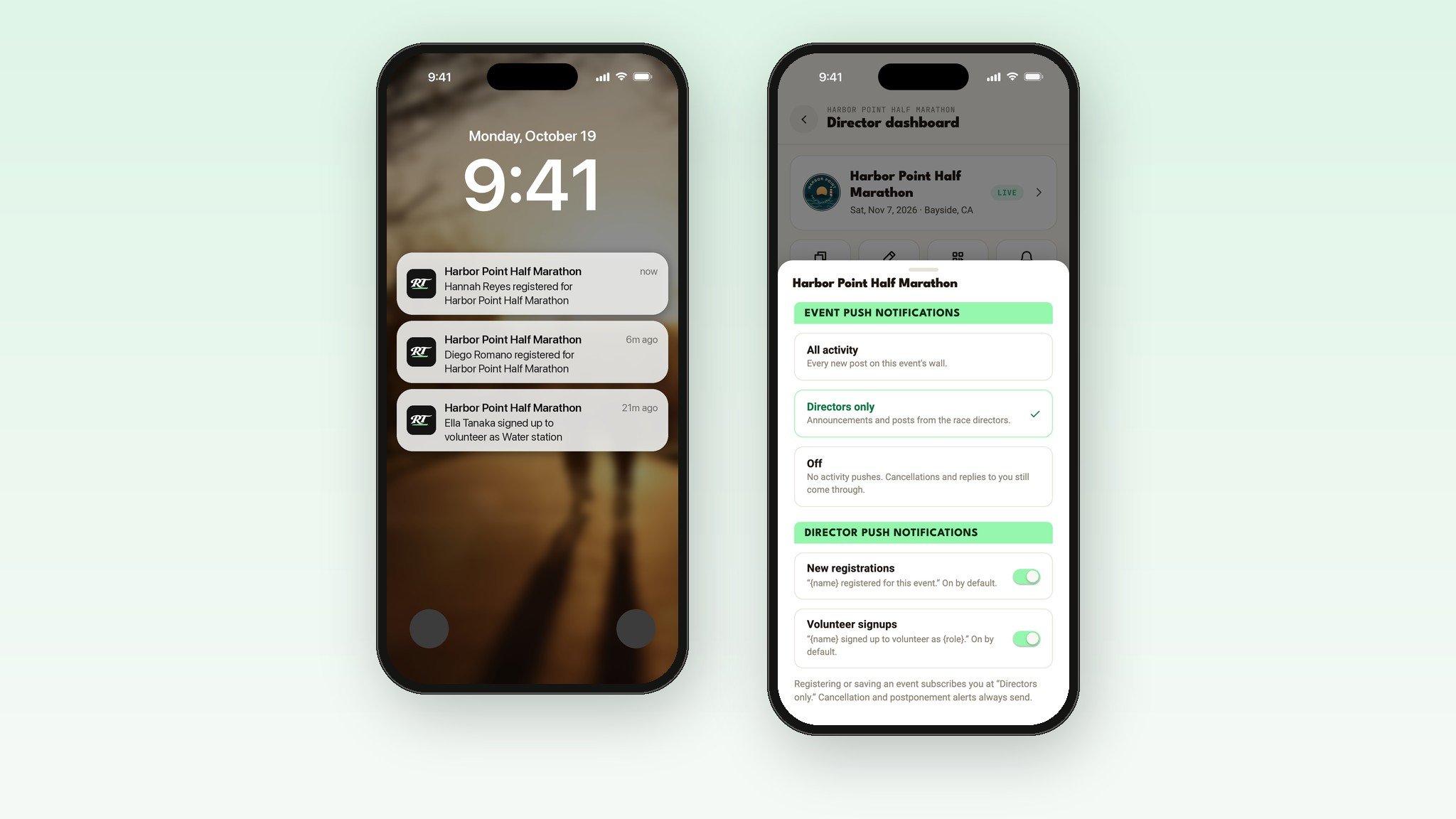A phone lock screen with Run This registration pushes, next to the Alerts settings