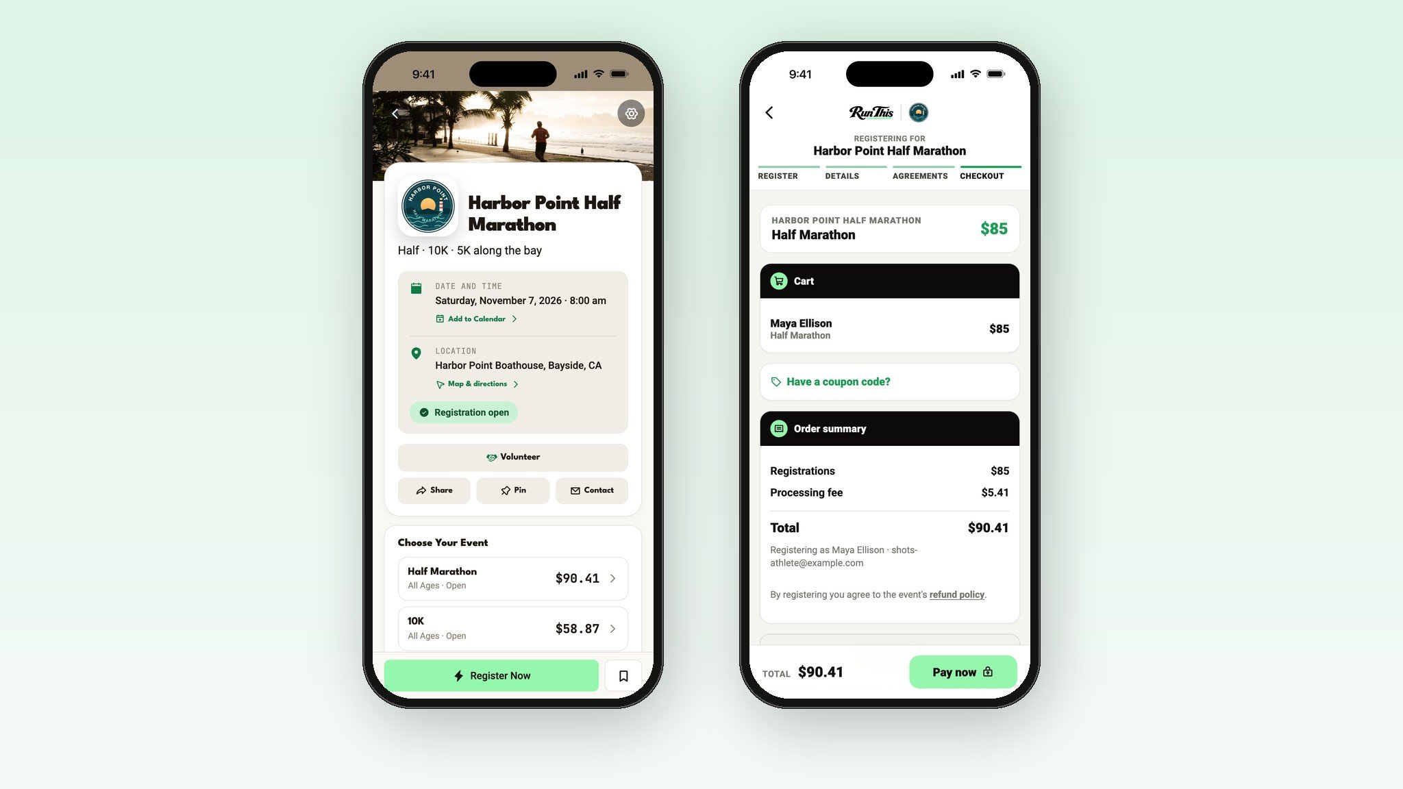 A race page and the registration checkout in the Run This app