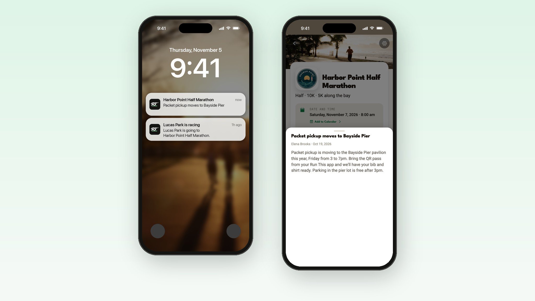 A race announcement as a push and on the race page in the Run This app