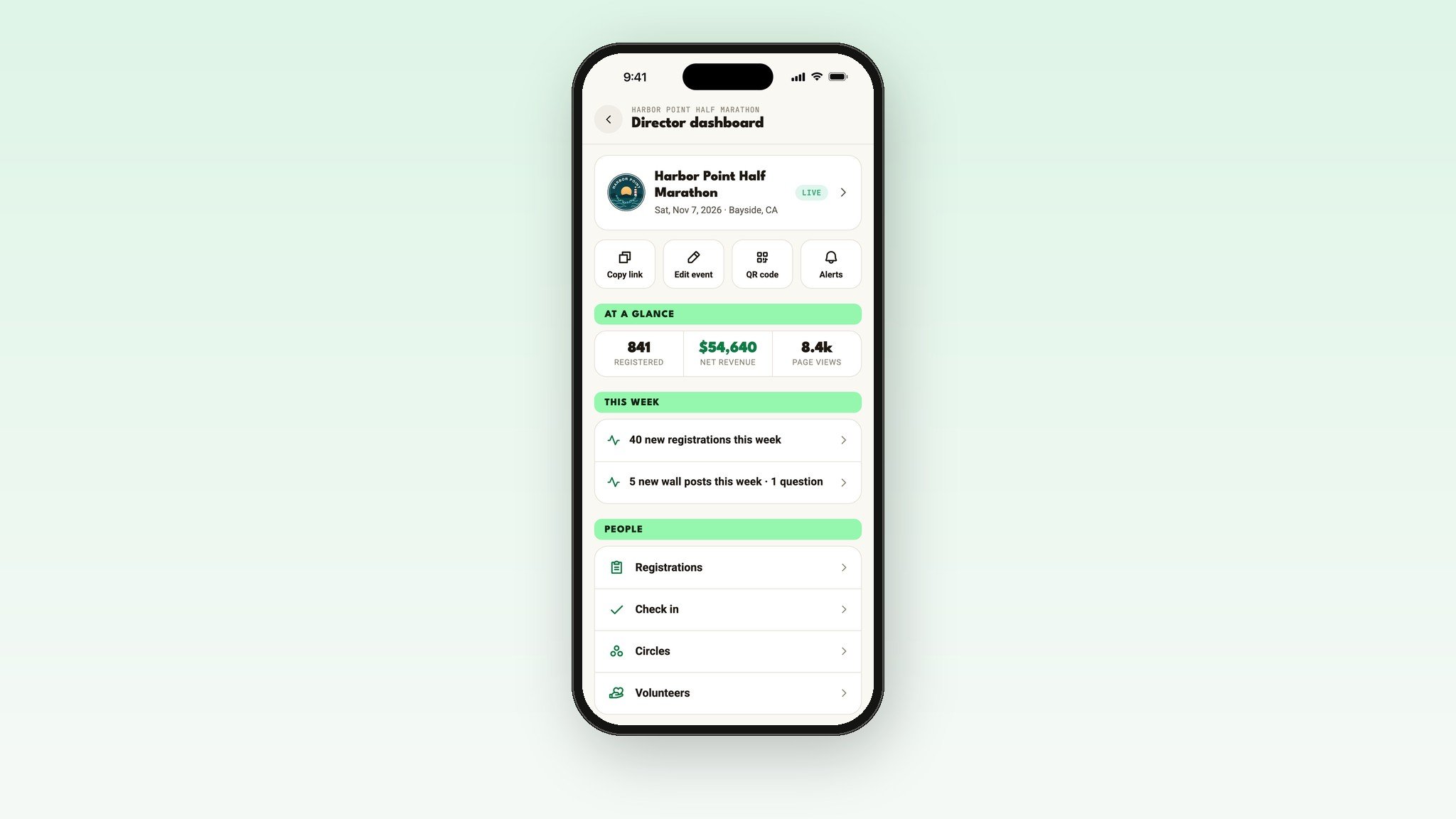 The director dashboard for a race in the Run This app, with registrations, net revenue and page views