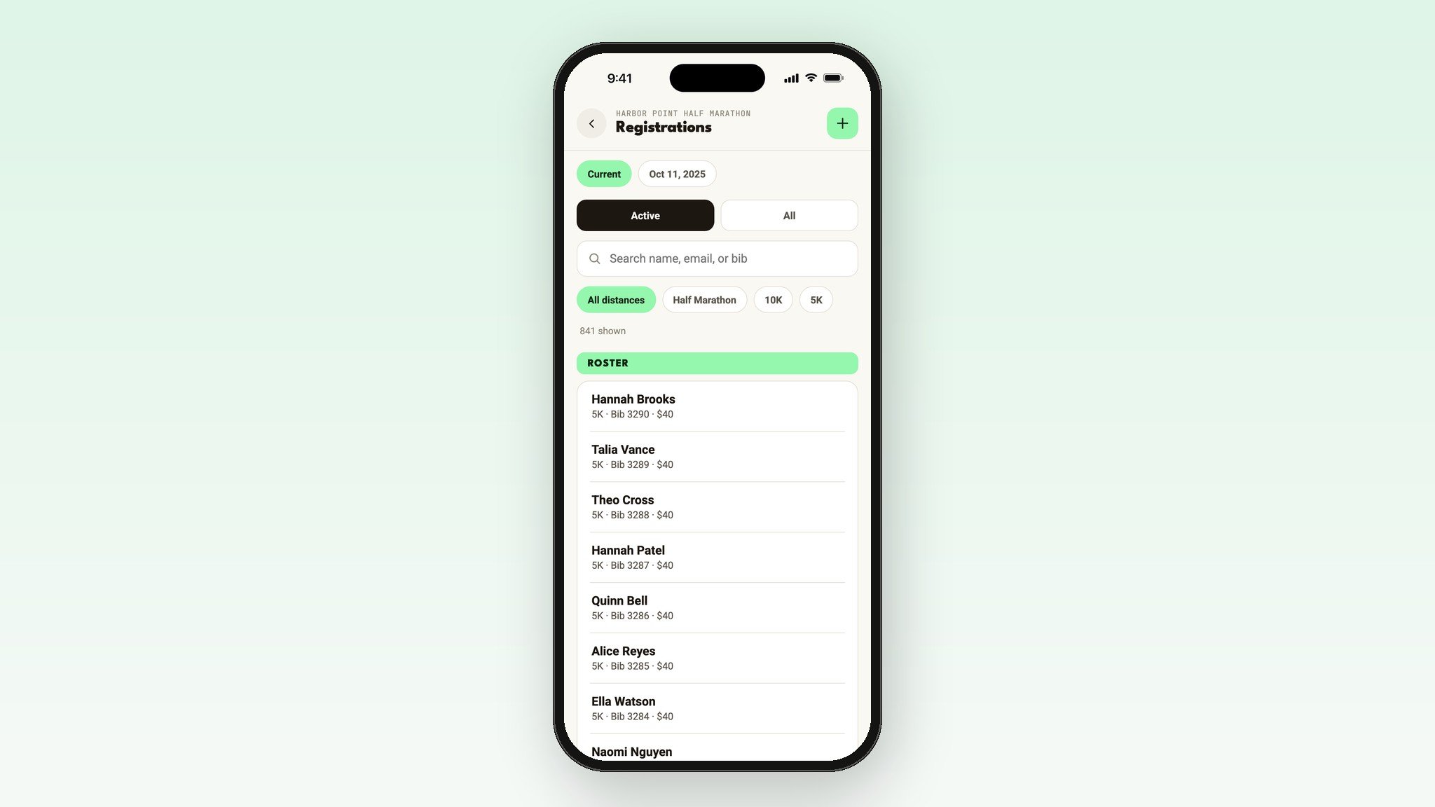 The registrations roster in the Run This app, with past years