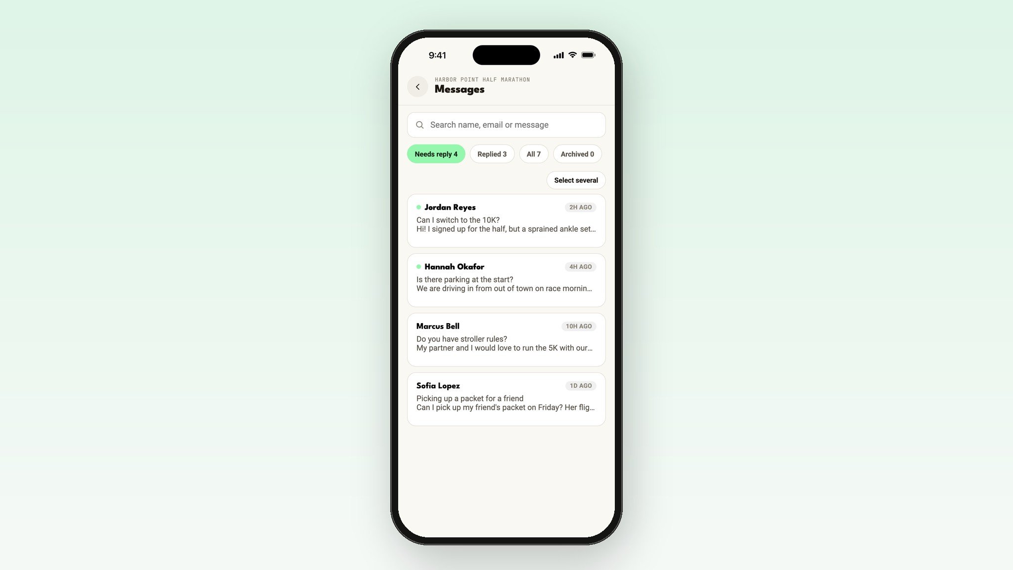 The Messages inbox in the Run This app