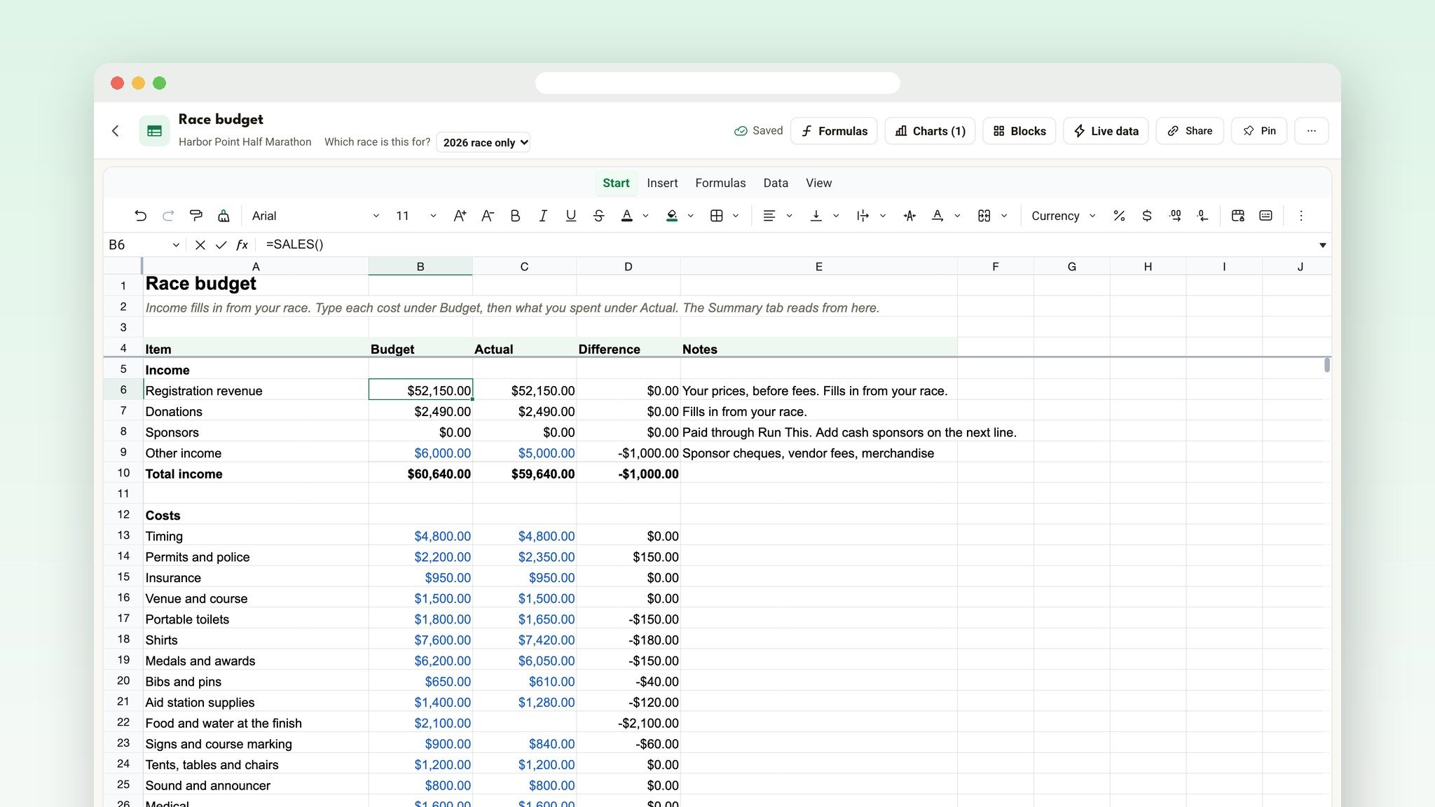 The Race budget sheet with income filled in from live race numbers
