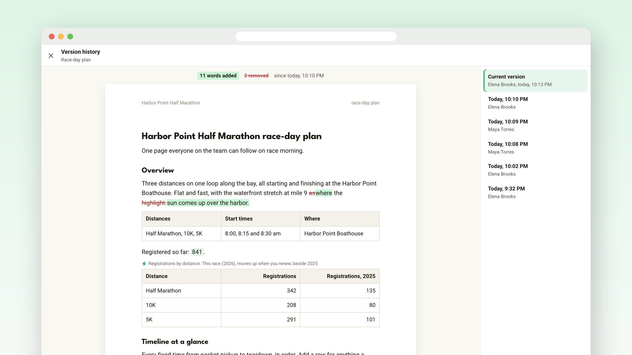 Version history on a document, with additions in green and removals in red