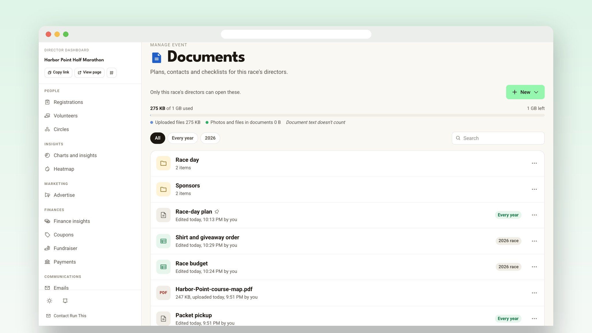 A race's Documents page with folders, documents, sheets and an uploaded PDF
