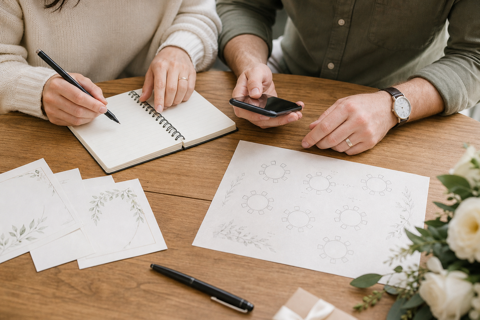 Pareja comparando lista de invitados, movil y plano de mesas en una mesa de trabajo