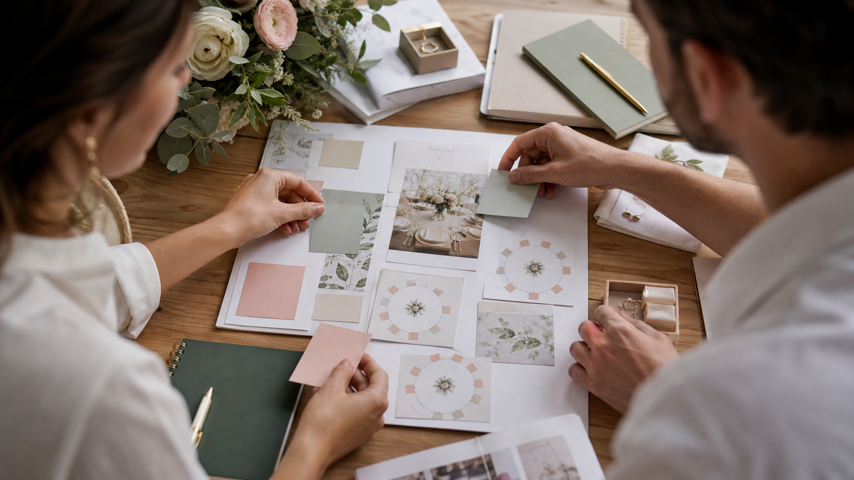 Pareja revisando prioridades visuales y decisiones de organizacion sobre una mesa de trabajo