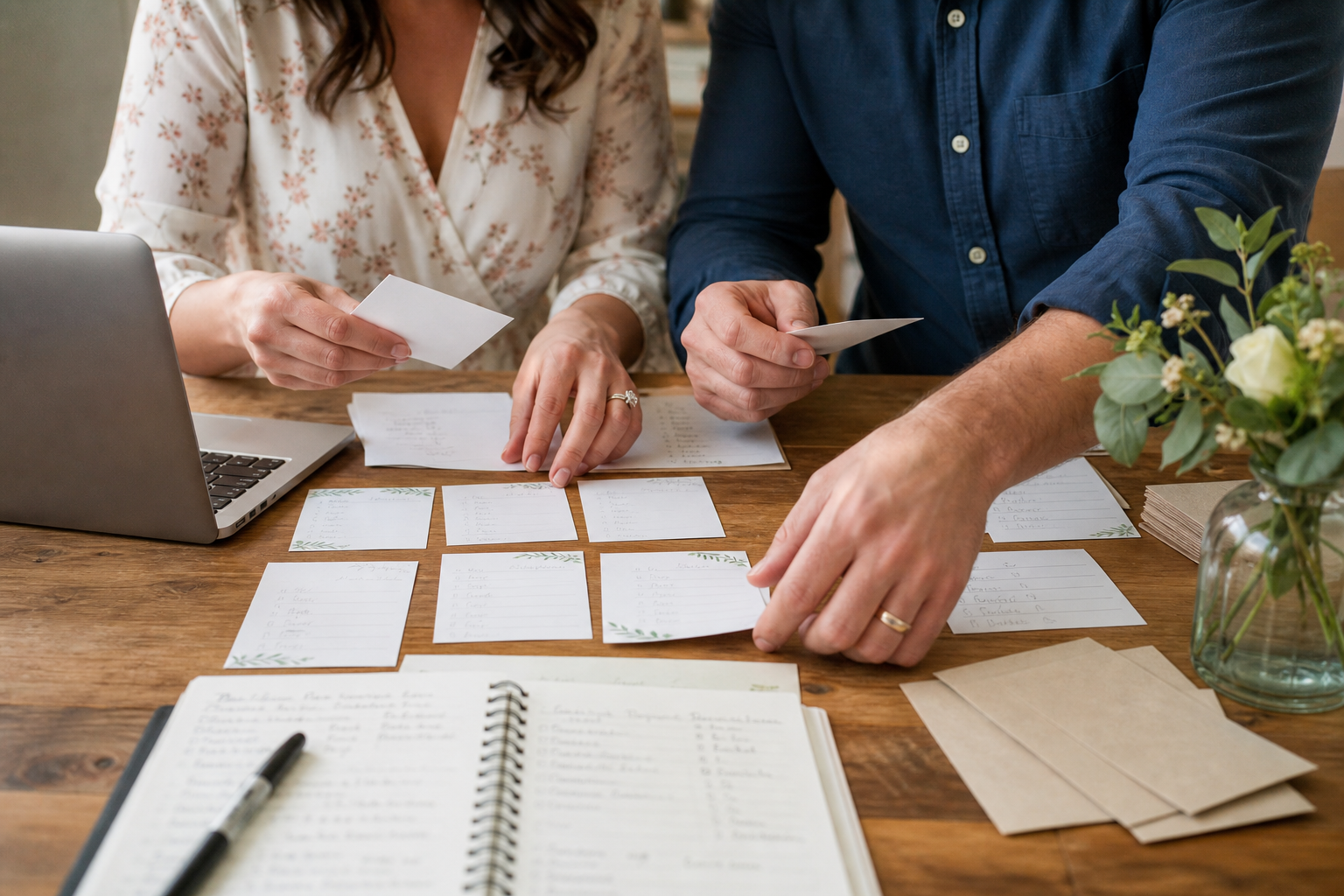 Pareja revisando cambios, listas y decisiones de boda sobre una mesa con notas y portatil